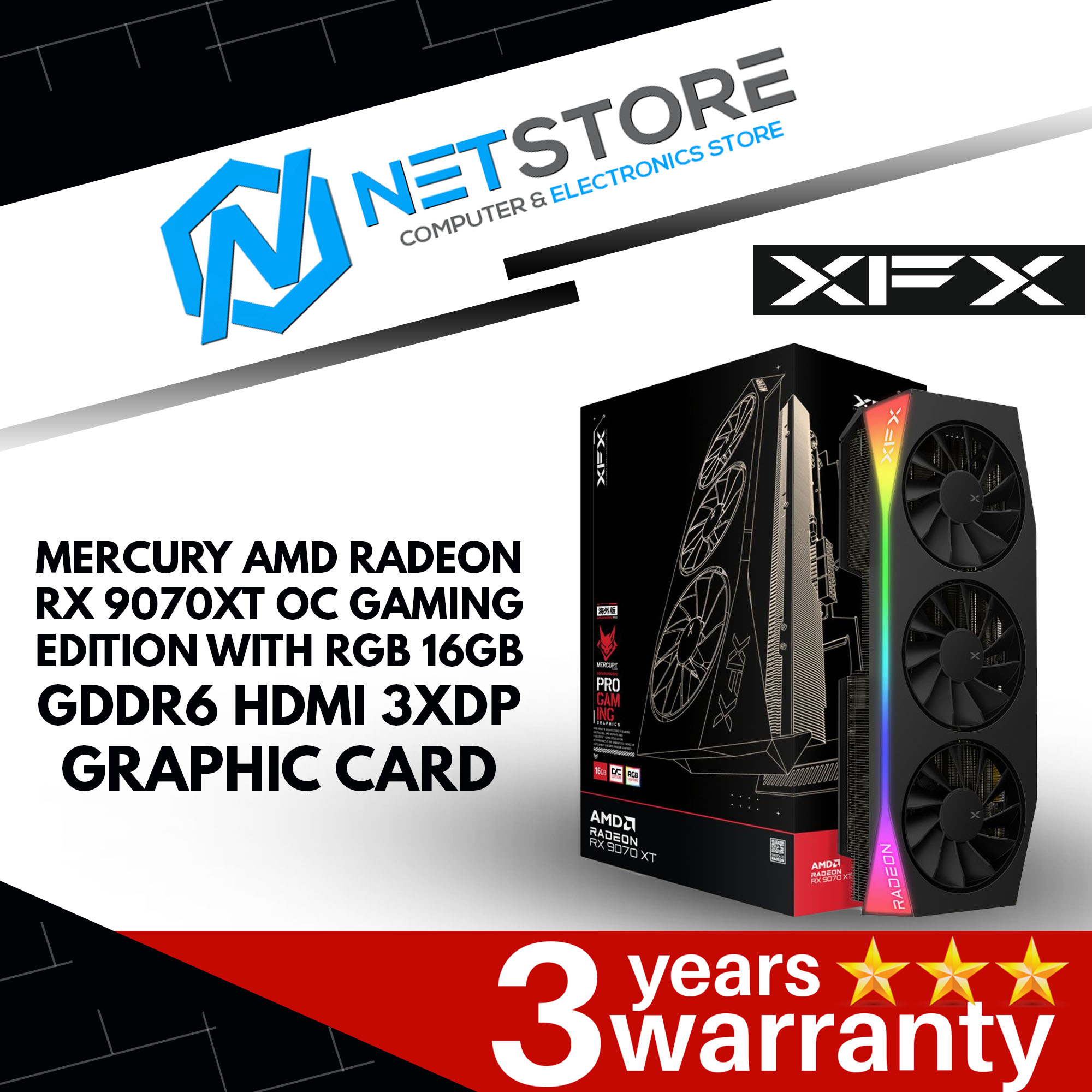 XFX MERCURY AMD RADEON RX 9070XT OC GAMING EDITION WITH RGB 16GB GDDR6 HDMI 3XDP GRAPHIC CARD - RX-9