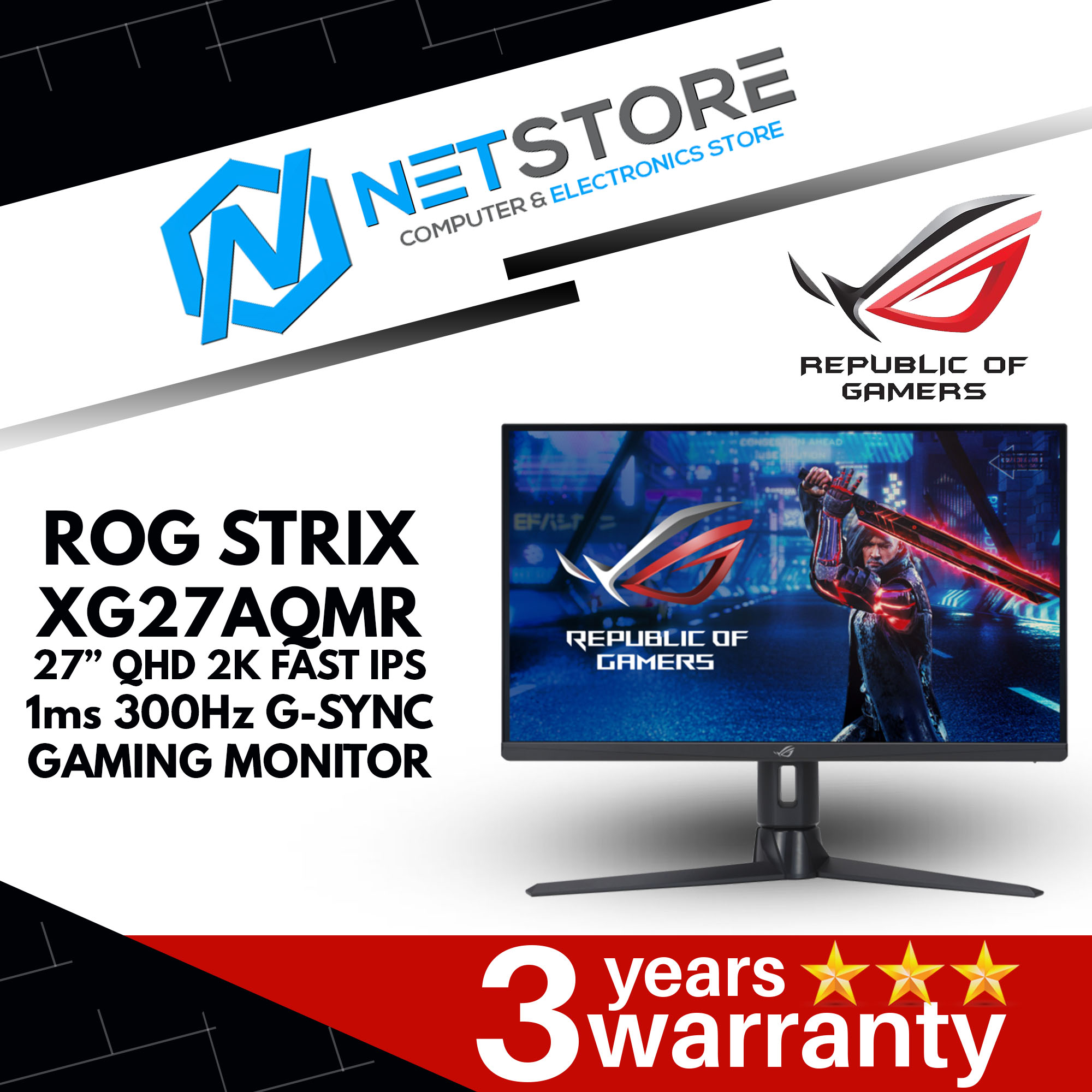 ASUS ROG STRIX XG27AQMR GAMING MONITOR (27'' QHD 2K / FAST IPS / 300HZ / 1MS / G-SYNC / HDR10) - 90L