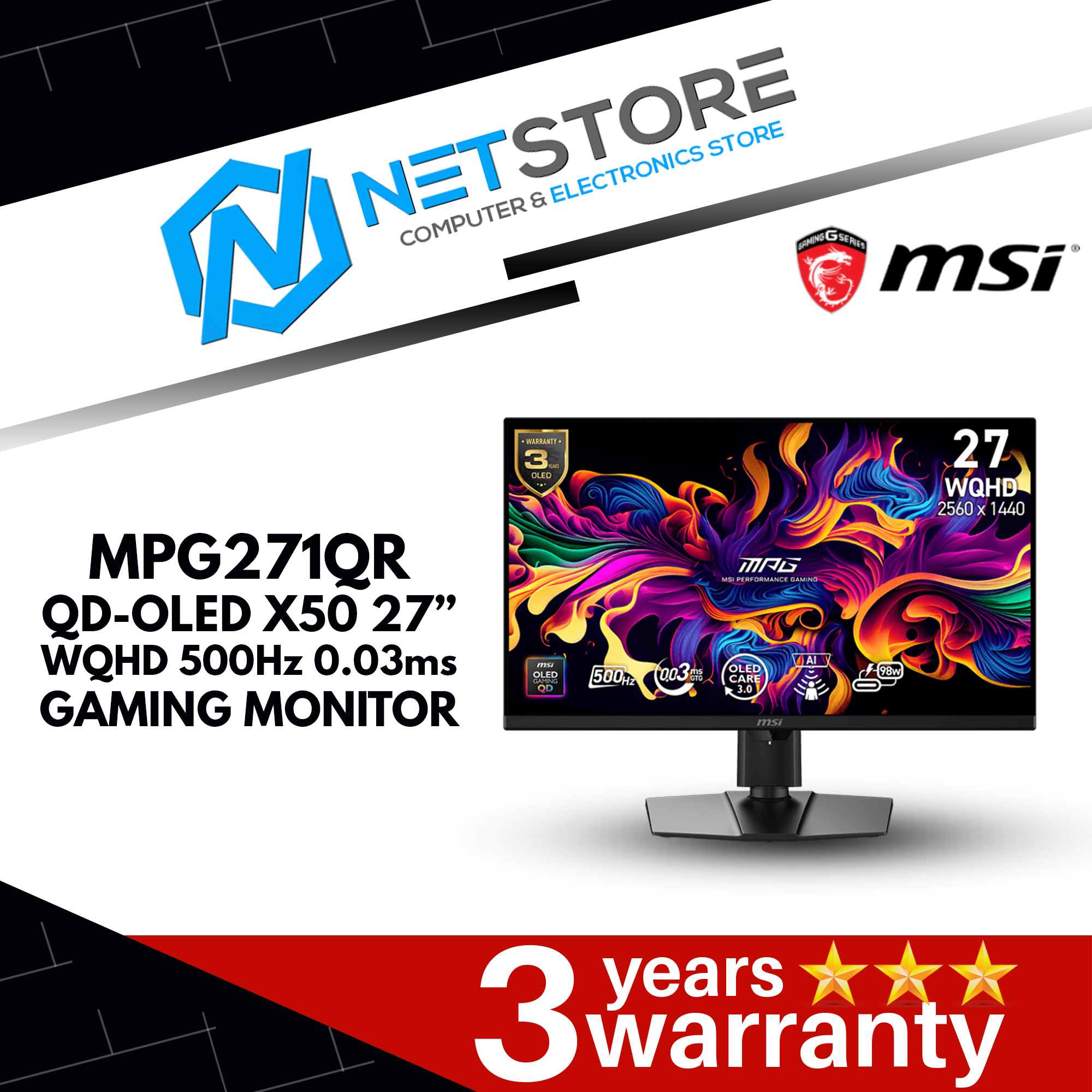 MSI MPG271QR QD-OLED X50 27" WQHD 500Hz 0.03ms GAMING MONITOR - 9S6-3CF49T-001
