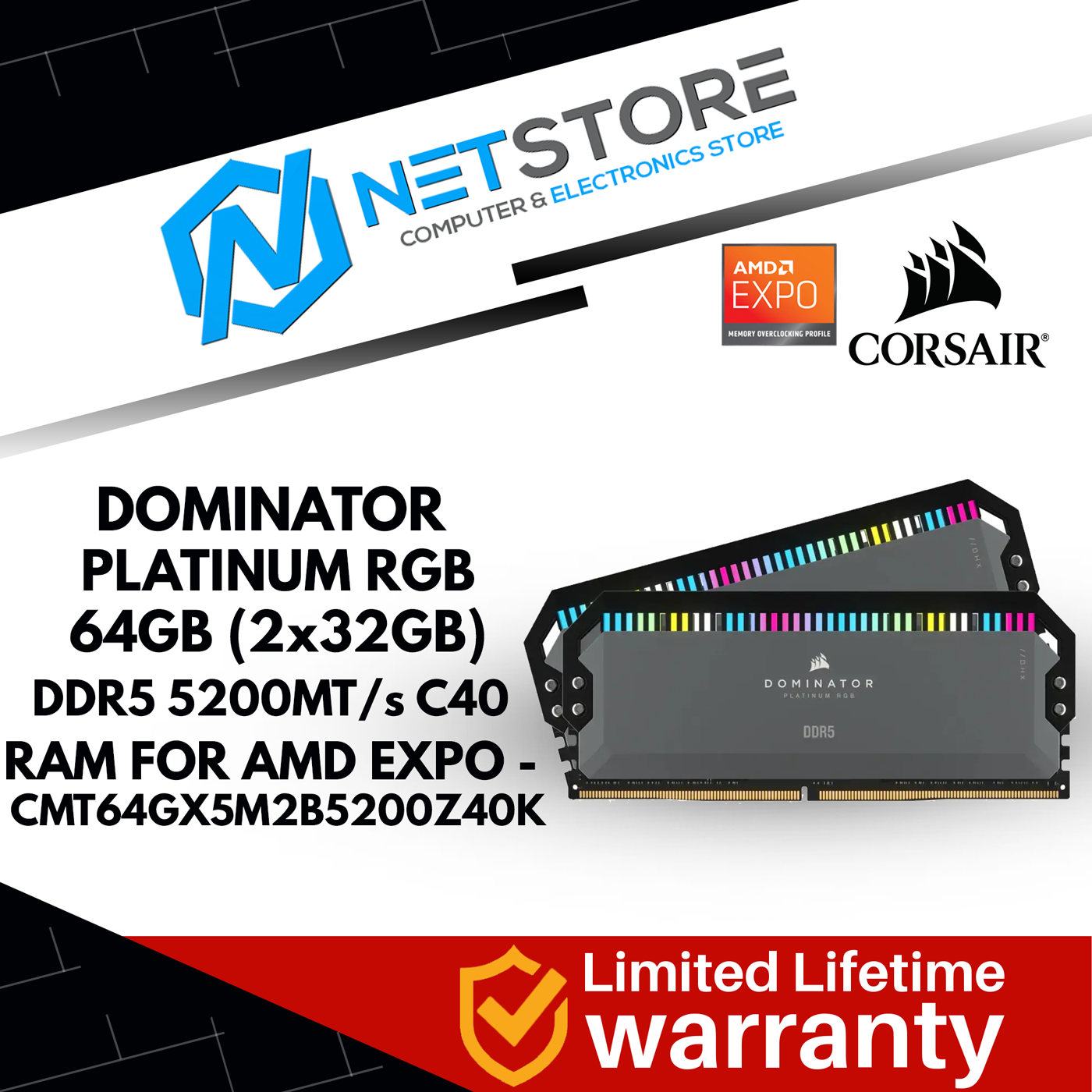 CORSAIR DOMINATOR PLATINUM RGB 64GB (2x32GB) DDR5 DRAM 5200MT/s C40 AMD EXPO RAM - CMT64GX5M2B5200Z4