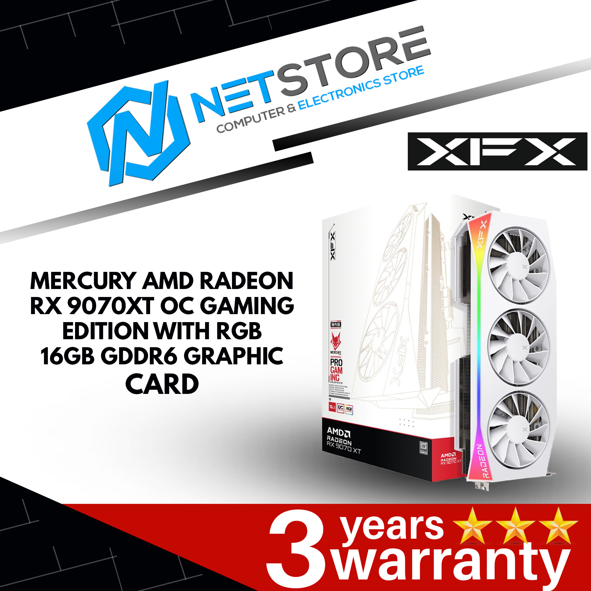 XFX MERCURY AMD RADEON RX 9070XT OC GAMING EDITION WITH RGB 16GB GDDR6 GRAPHIC CARD - WHITE - RX-97T