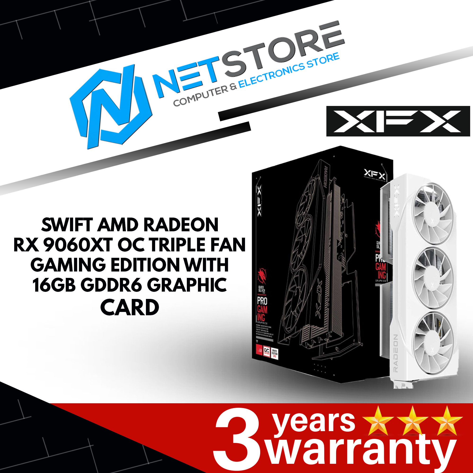 XFX SWIFT AMD RADEON RX 9060XT OC TRIPLE FAN GAMING EDITION WITH 16GB GDDR6 GRAPHIC CARD - WHITE - R
