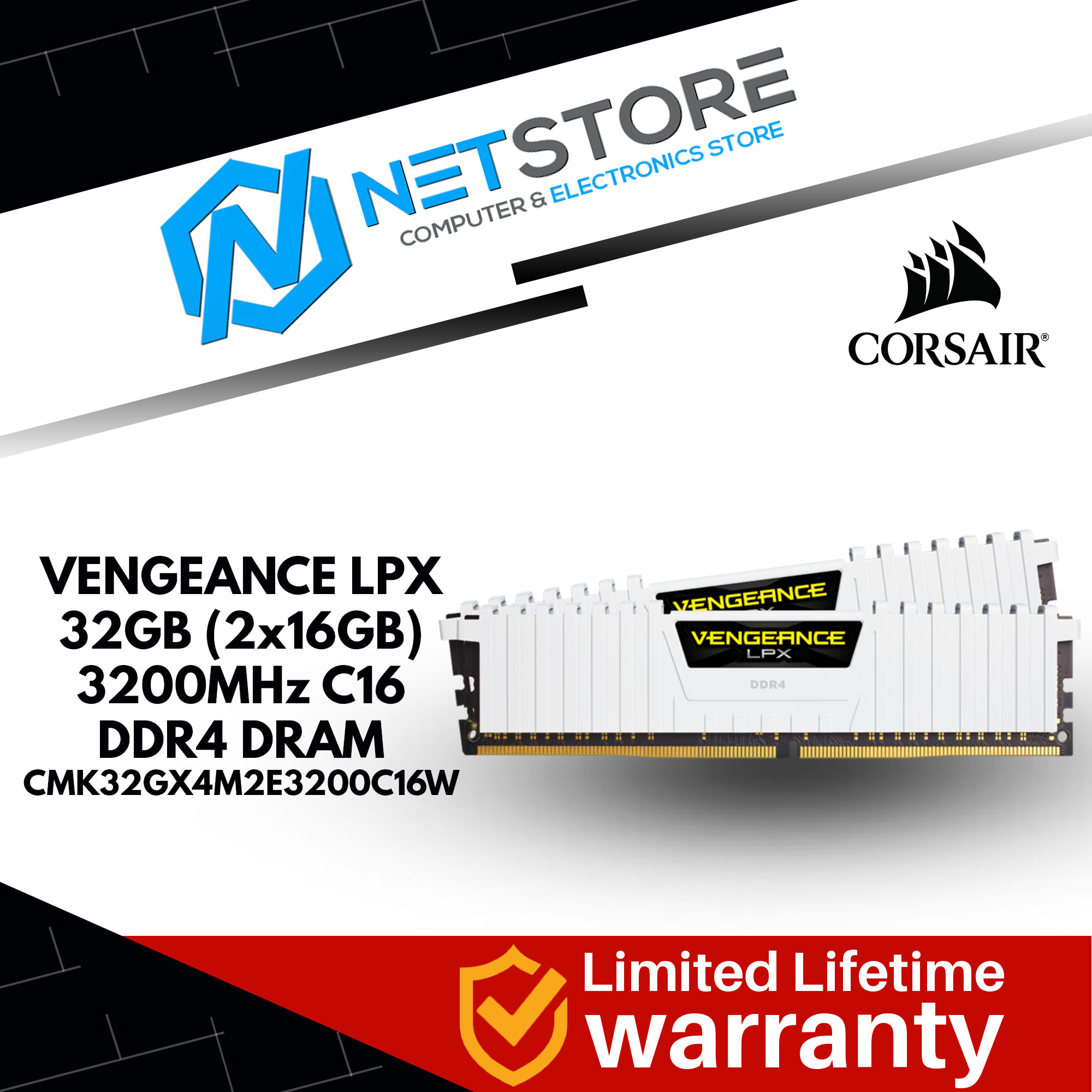 CORSAIR VENGEANCE LPX 32GB (2x16GB) DDR4 DRAM 3200MHz C16 MEMORY KIT (WHITE) - CMK32GX4M2E3200C16W