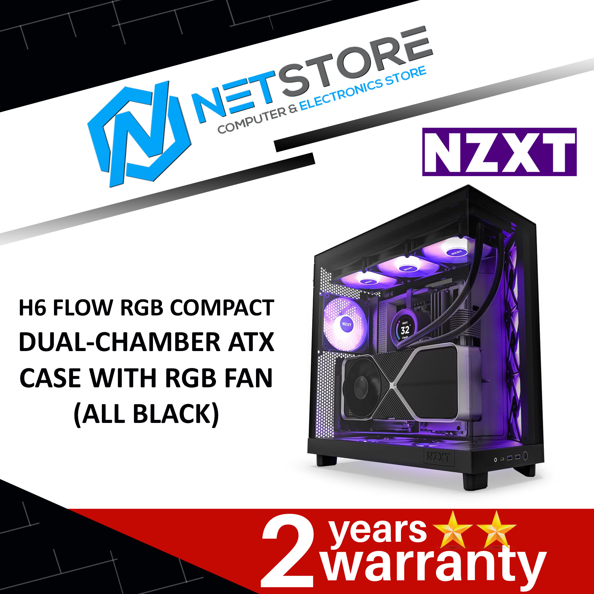 NZXT H6 FLOW RGB COMPACT DUAL-CHAMBER ATX CASE WITH RGB FAN (ALL BLACK) - CC-H61FB-R1