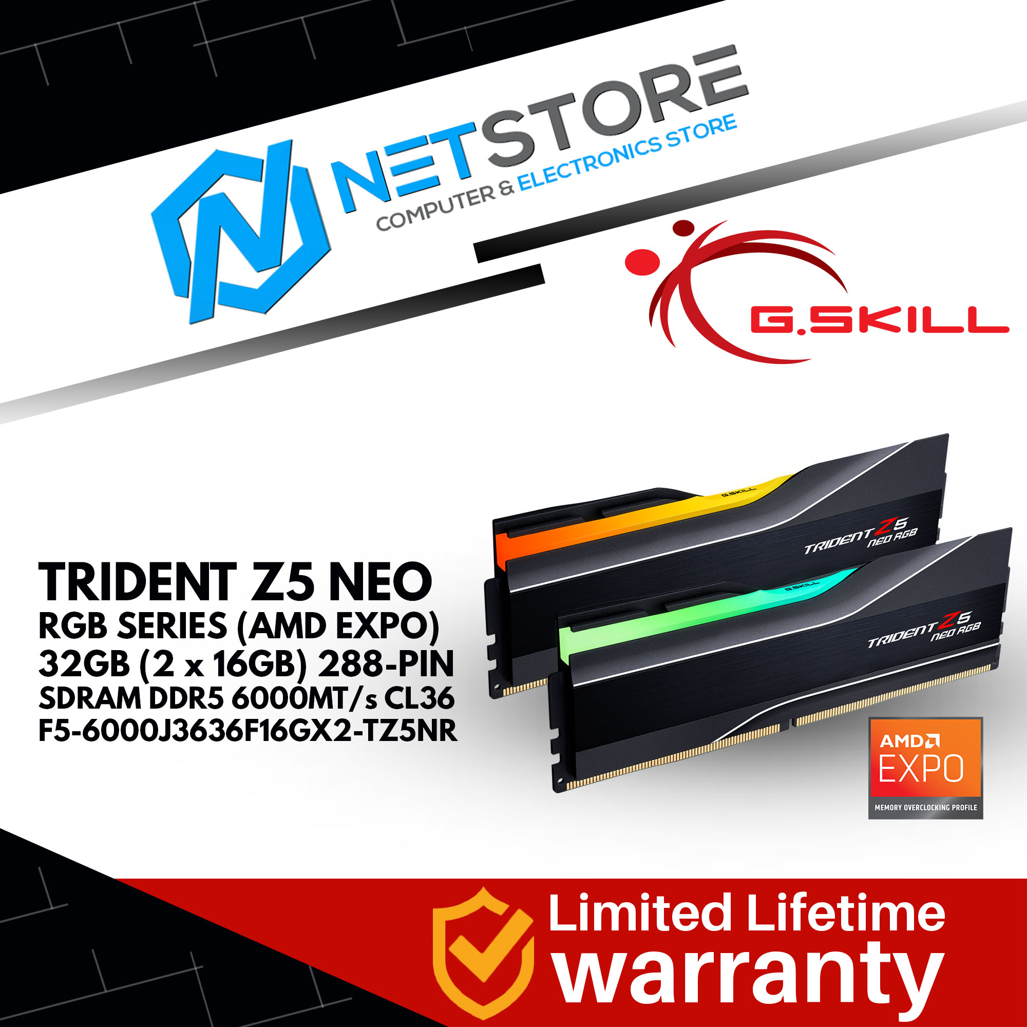 G.SKILL TRIDENT Z5 NEO RGB Series (AMD Expo) 32GB (2 x 16GB) 288-Pin SDRAM DDR5 6000MT/s CL36 BLACK 