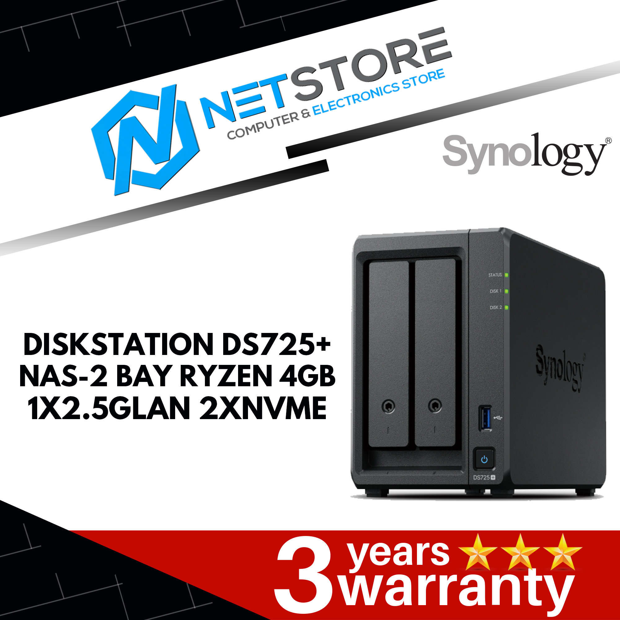 SYNOLOGY DISKSTATION DS725+ 2BAY RYZEN 2.6GHZ-DC 4GB 1X2.5GLAN 2NVMe - SYN-DS725+
