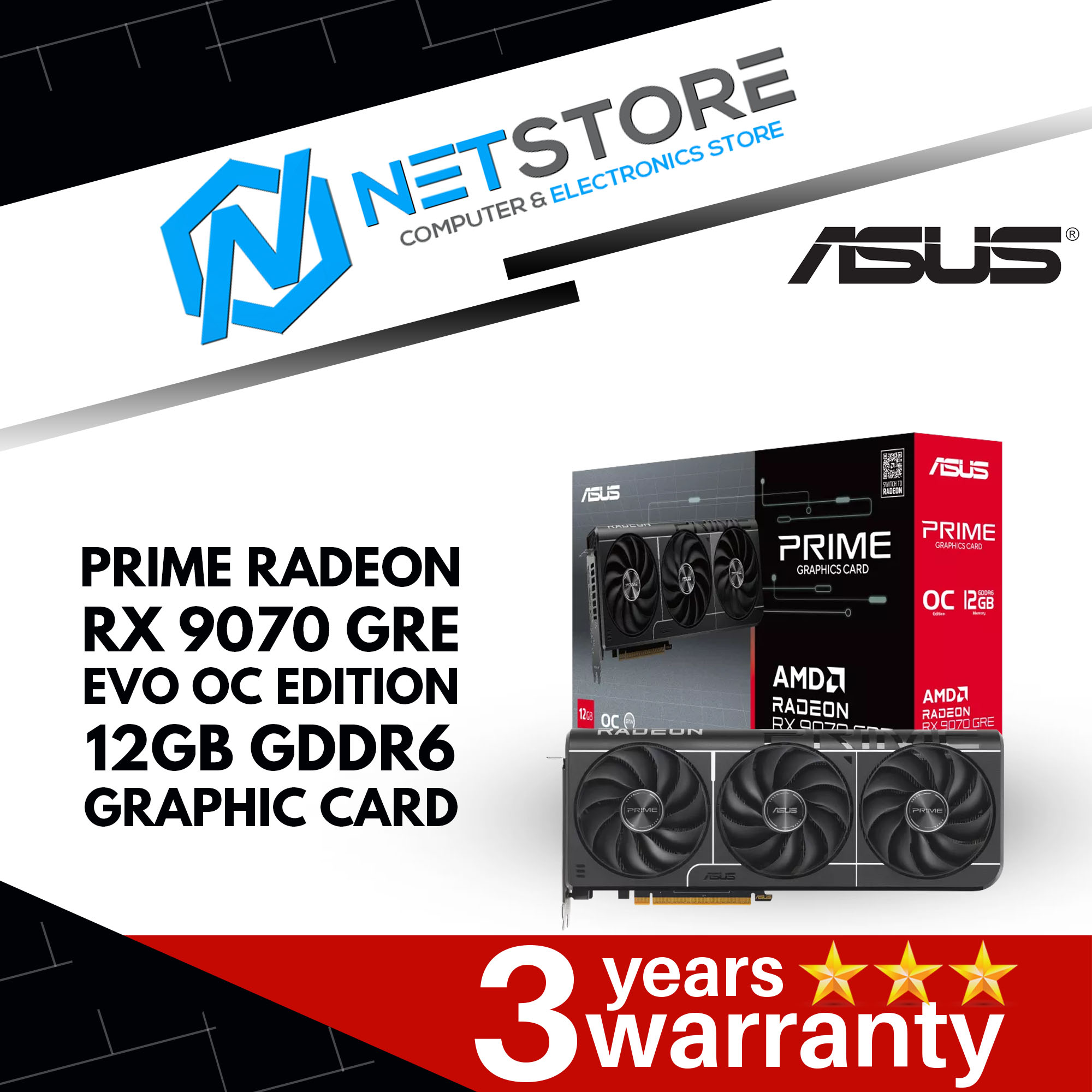 ASUS PRIME RADEON RX 9070 GRE EVO OC EDITION 12GB GDDR6 GRAPHIC CARD - 90YV0PN1-M0NA00