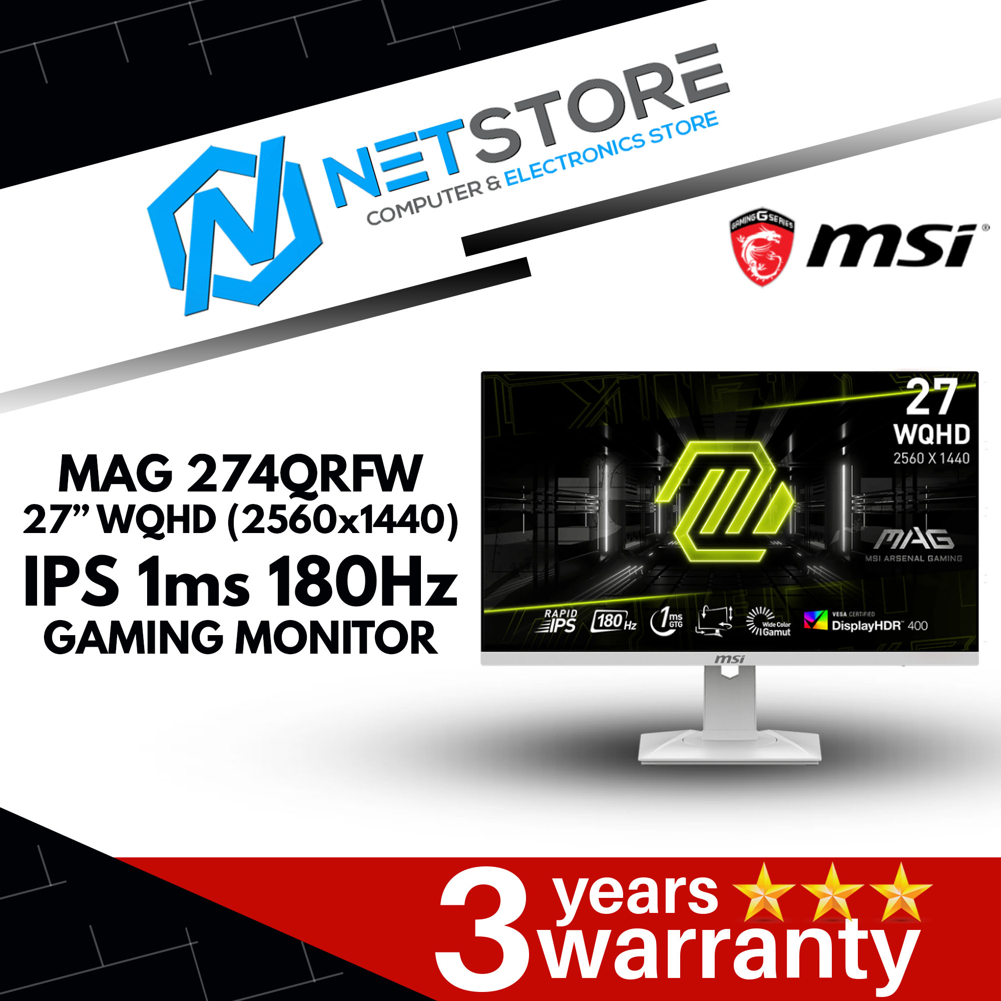 MSI MAG 274QRFW 27” WQHD (2560x1440) IPS 1ms 180Hz GAMING MONITOR - 9S6-3CC29H-250