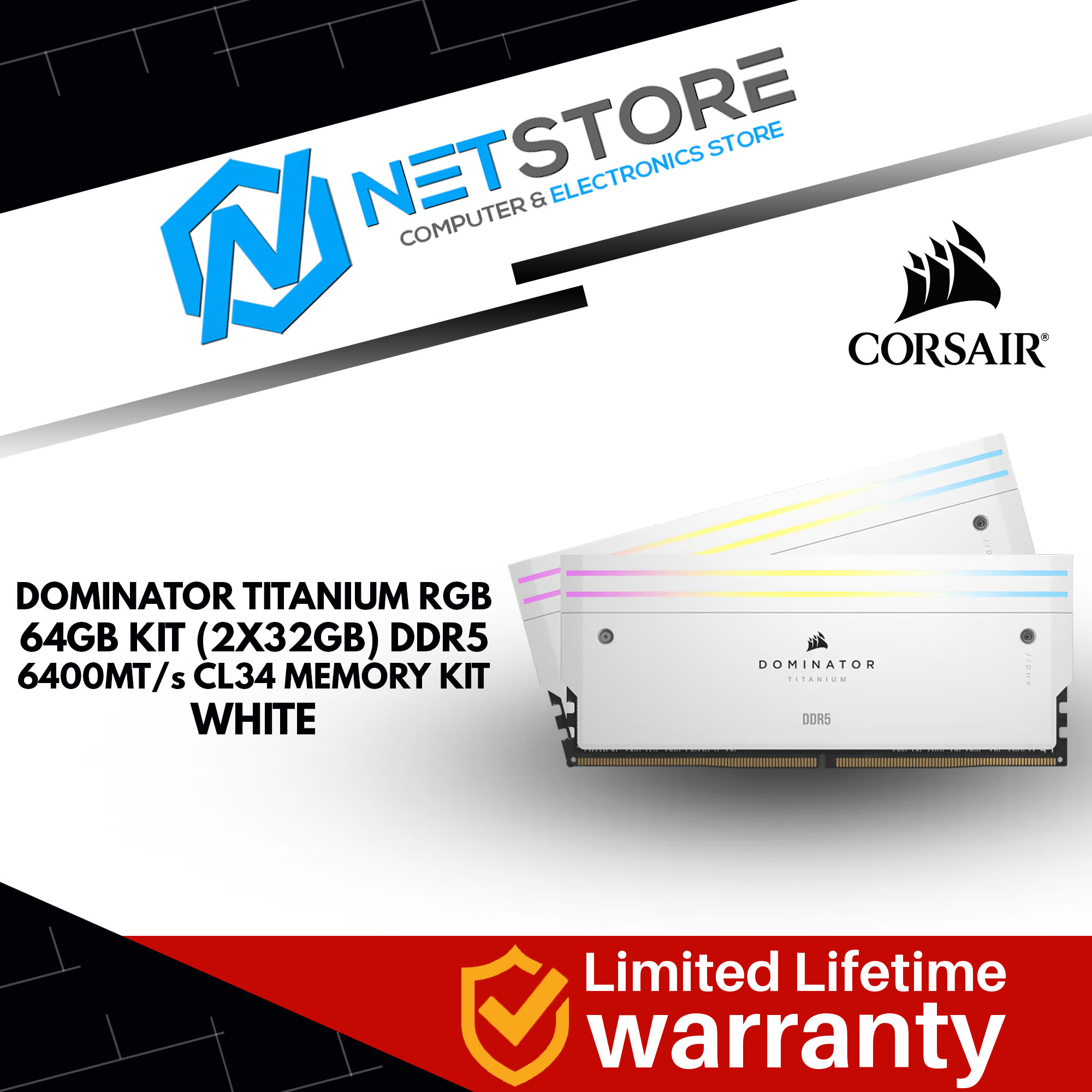 CORSAIR DOMINATOR TITANIUM RGB 64GB KIT (2X32GB) DDR5 6400MT/s CL34 MEMORY KIT WHITE - CMP64GX5M2B64