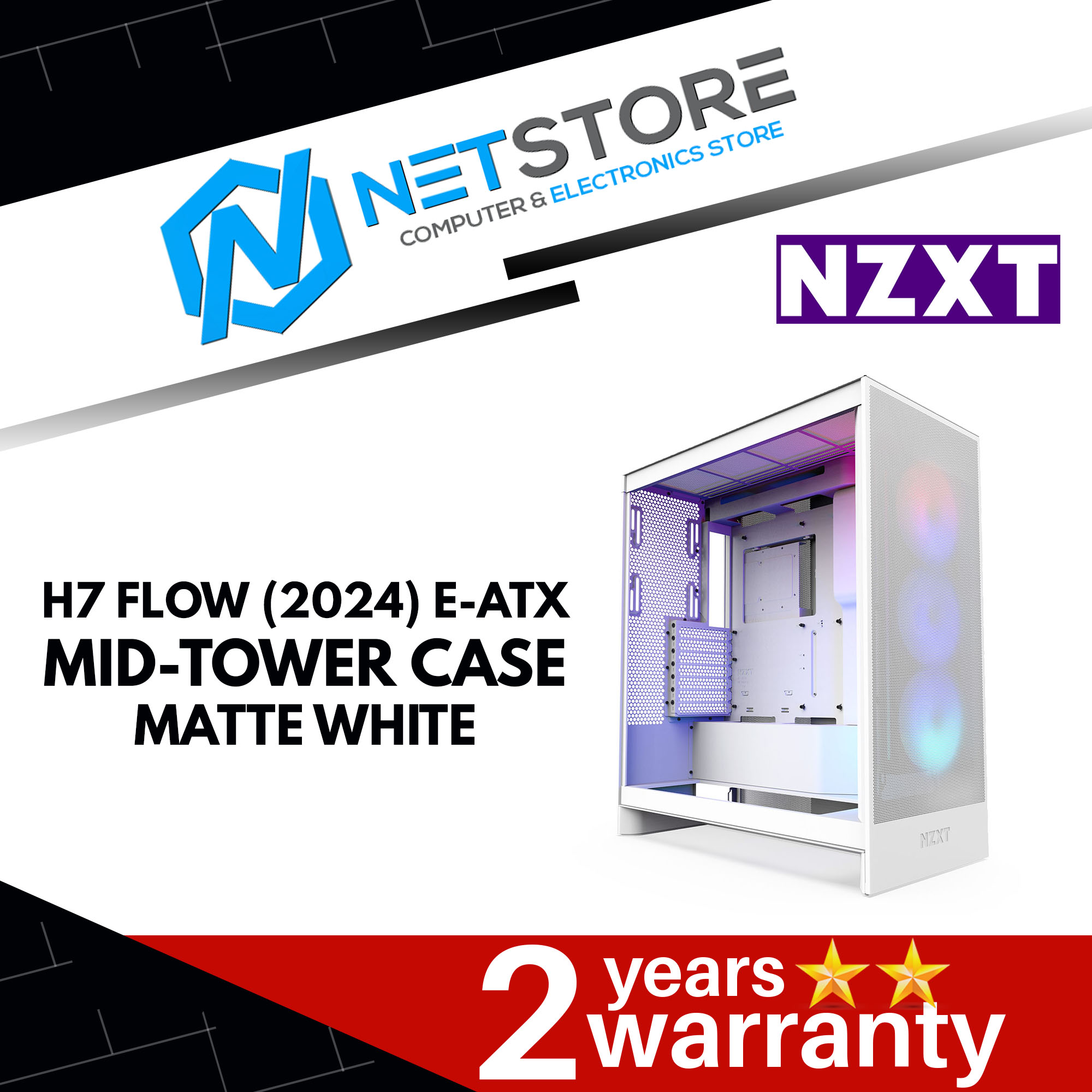 NZXT H7 FLOW (2024) E-ATX MID-TOWER CASE MATTE WHITE - CM-H72FW-R1