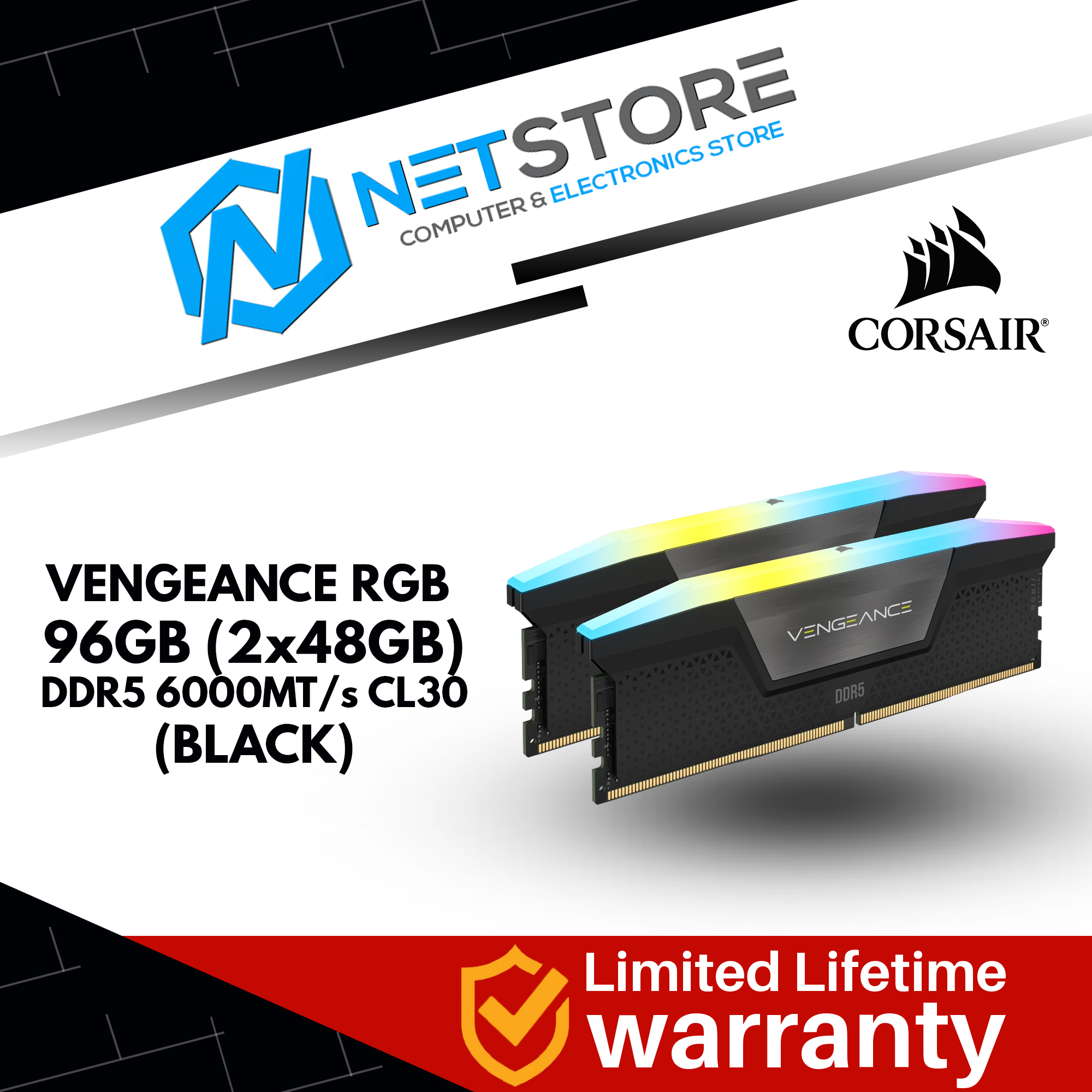 CORSAIR VENGEANCE RGB 96GB (2x48GB) DDR5 6000MT/s CL30 MEMORY KIT - BLACK - CMH96GX5M2B6000C30