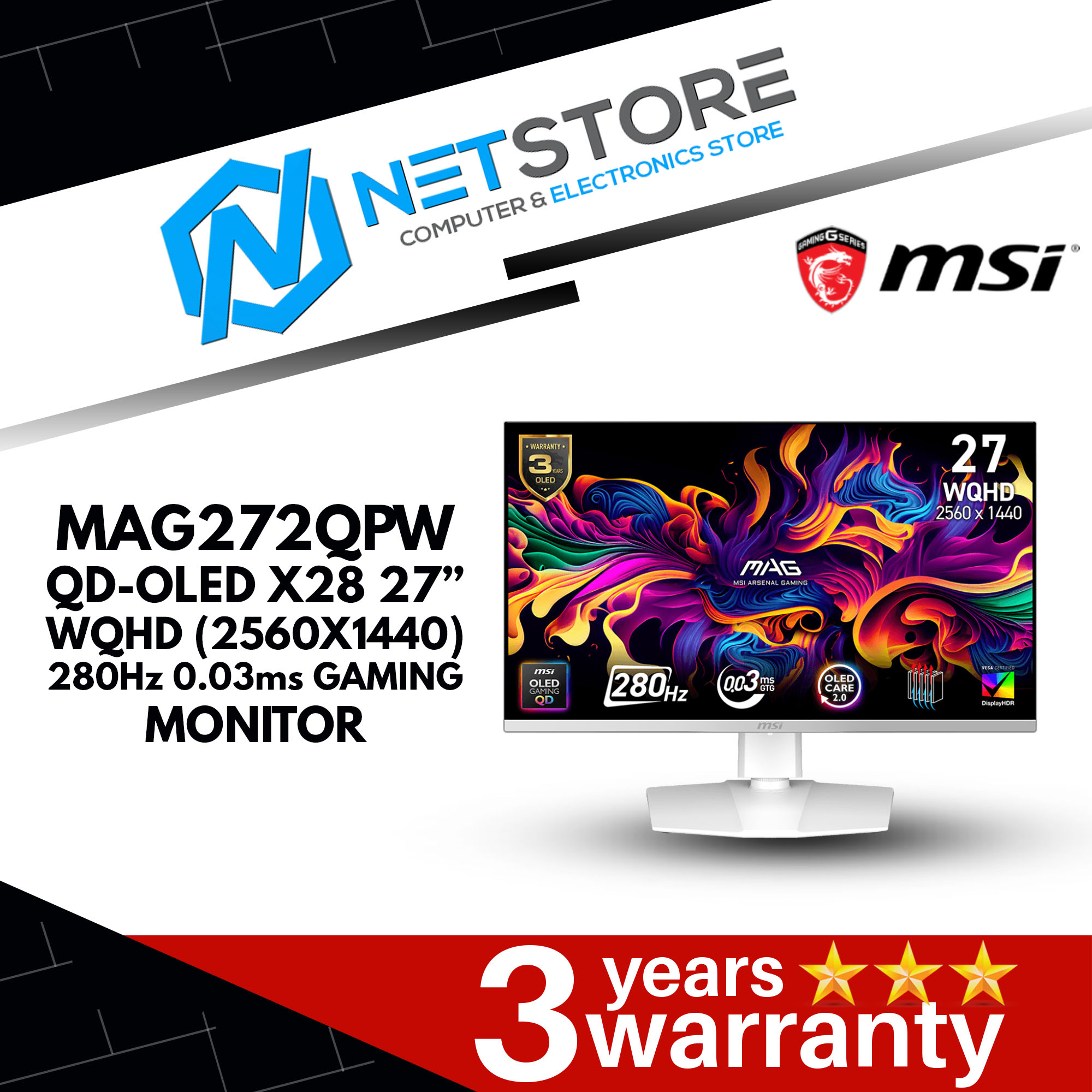 MSI MAG272QPW QD-OLED X28 27” WQHD (2560X1440) 280Hz 0.03ms GAMING MONITOR - 9S6-3CD79A-040