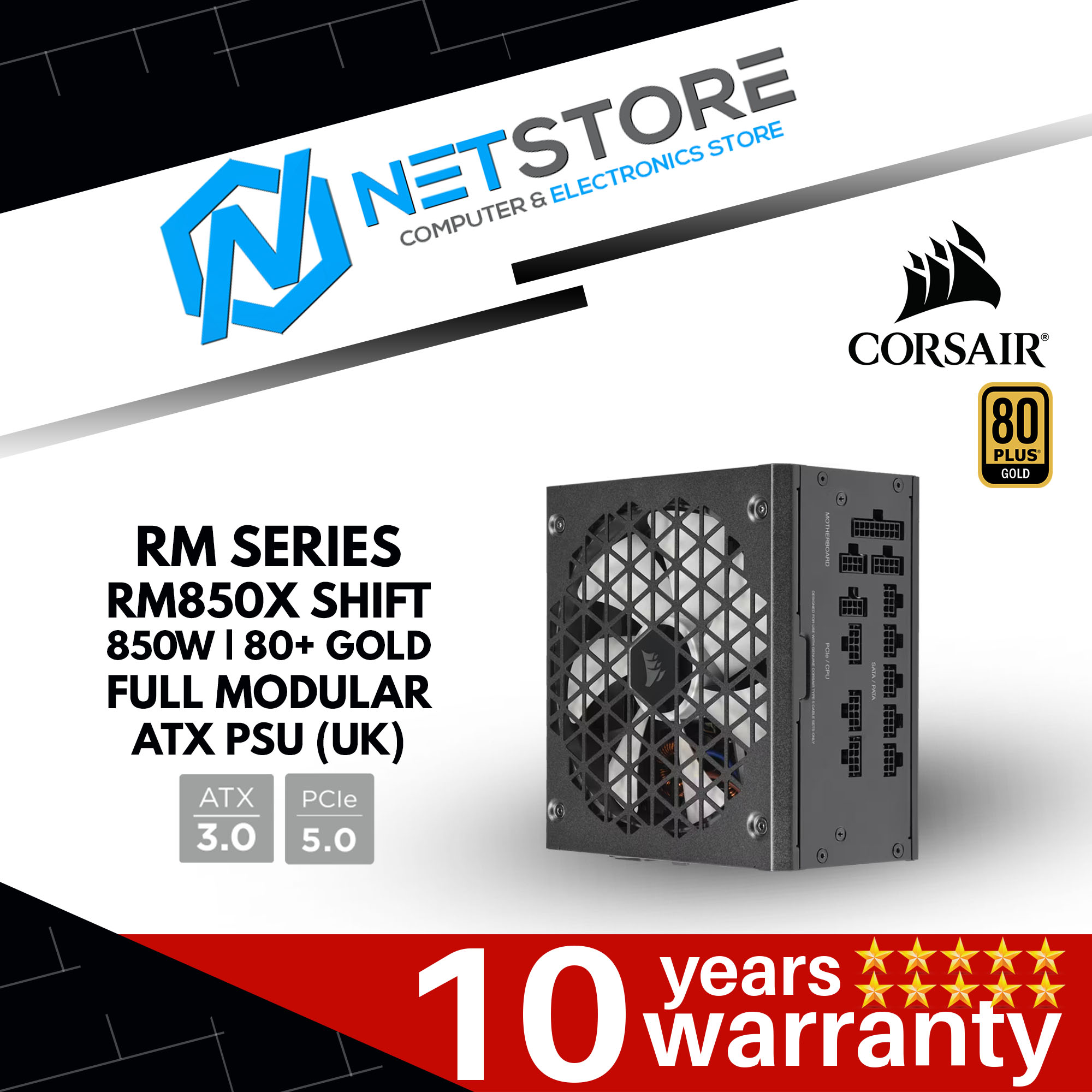 CORSAIR RM SERIES RM850X SHIFT 850W | 80+ GOLD FULL MODULAR ATX PSU (UK) ATX3.0 (PCIe5.0) POWER SUPP