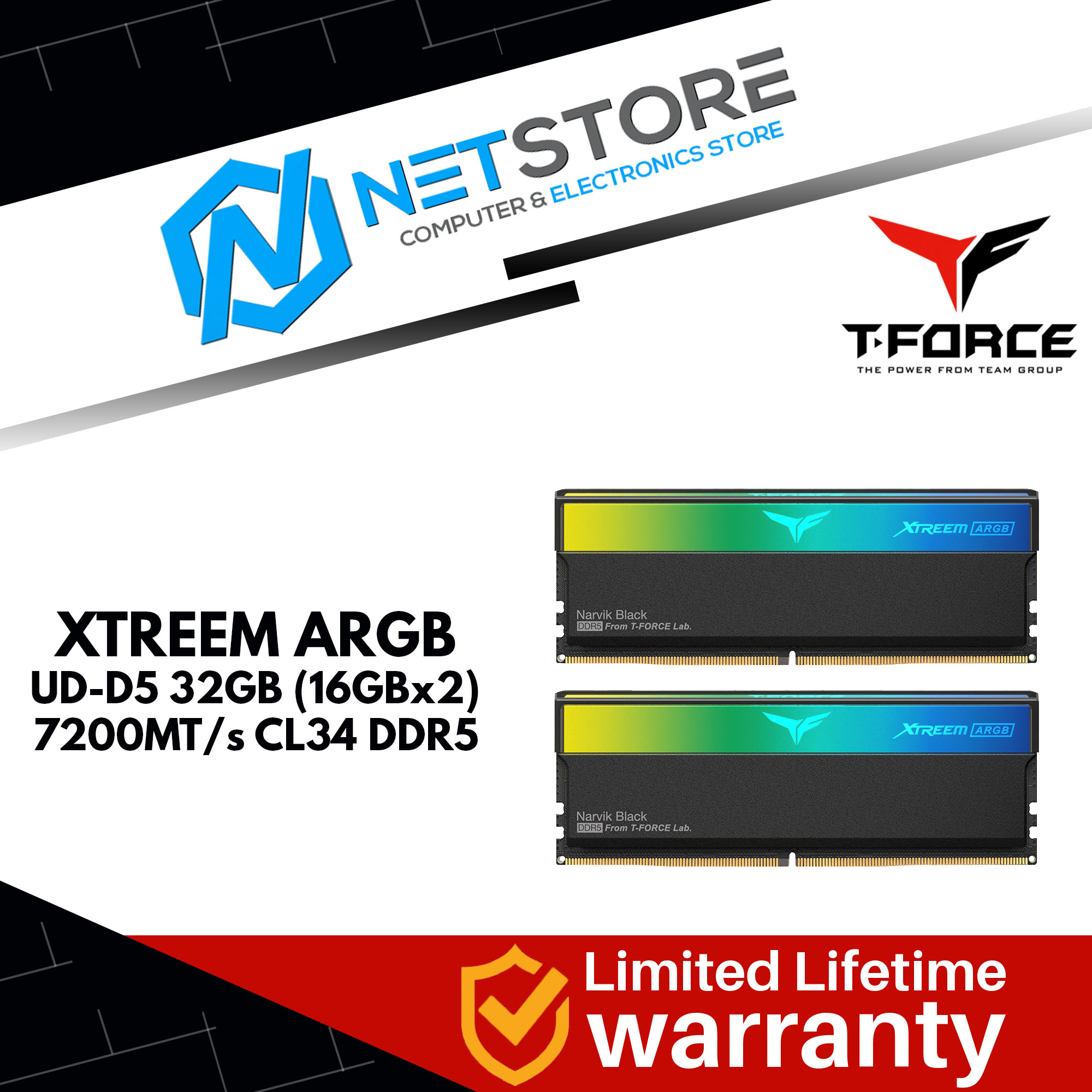  T-FORCE XTREEM ARGB UD-D5 32GB (16GBx2) DDR5 7200 MT/s CL34-42-42-84 1.4V RAM - FF9D532G7200HC34ADC