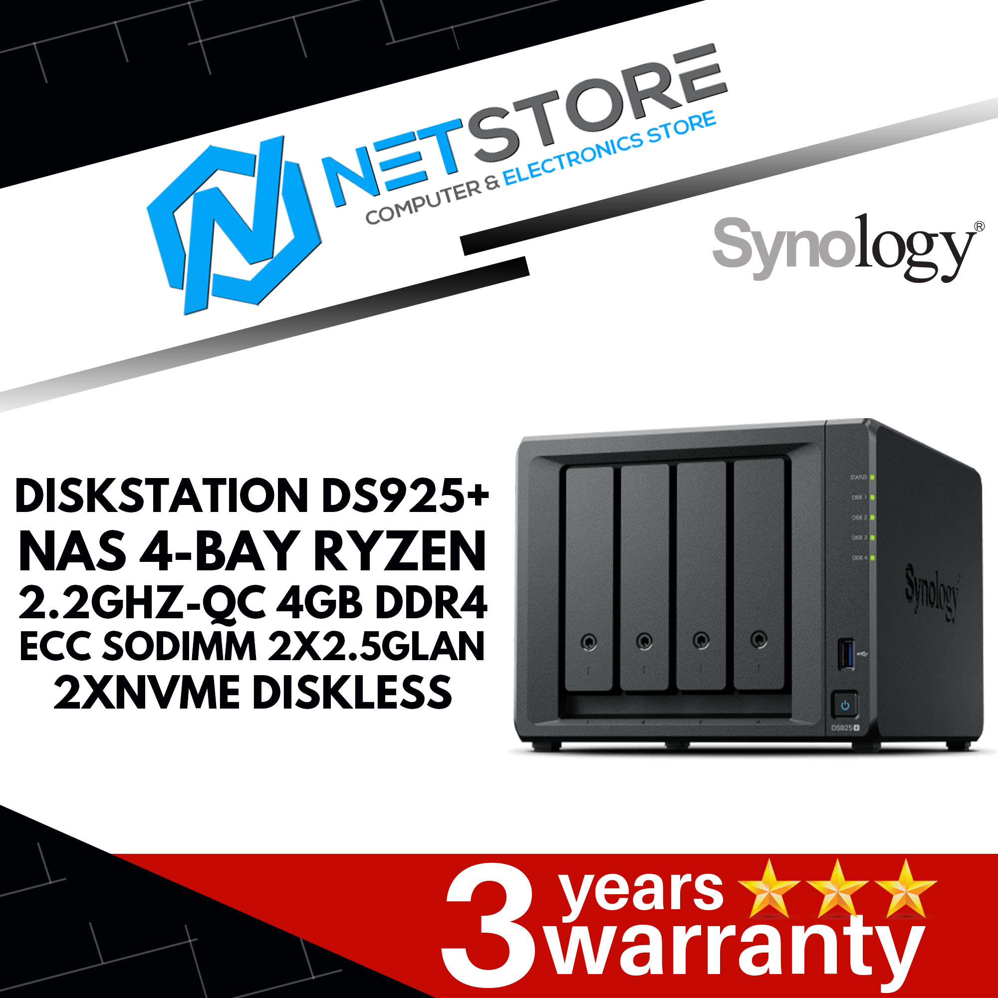 SYNOLYGY DISKSTATION DS925+ NAS 4-BAY RYZEN 2.2GHZ-QC 4GB DDR4 ECC SODIMM 2X2.5GLAN 2XNVME DISKLESS