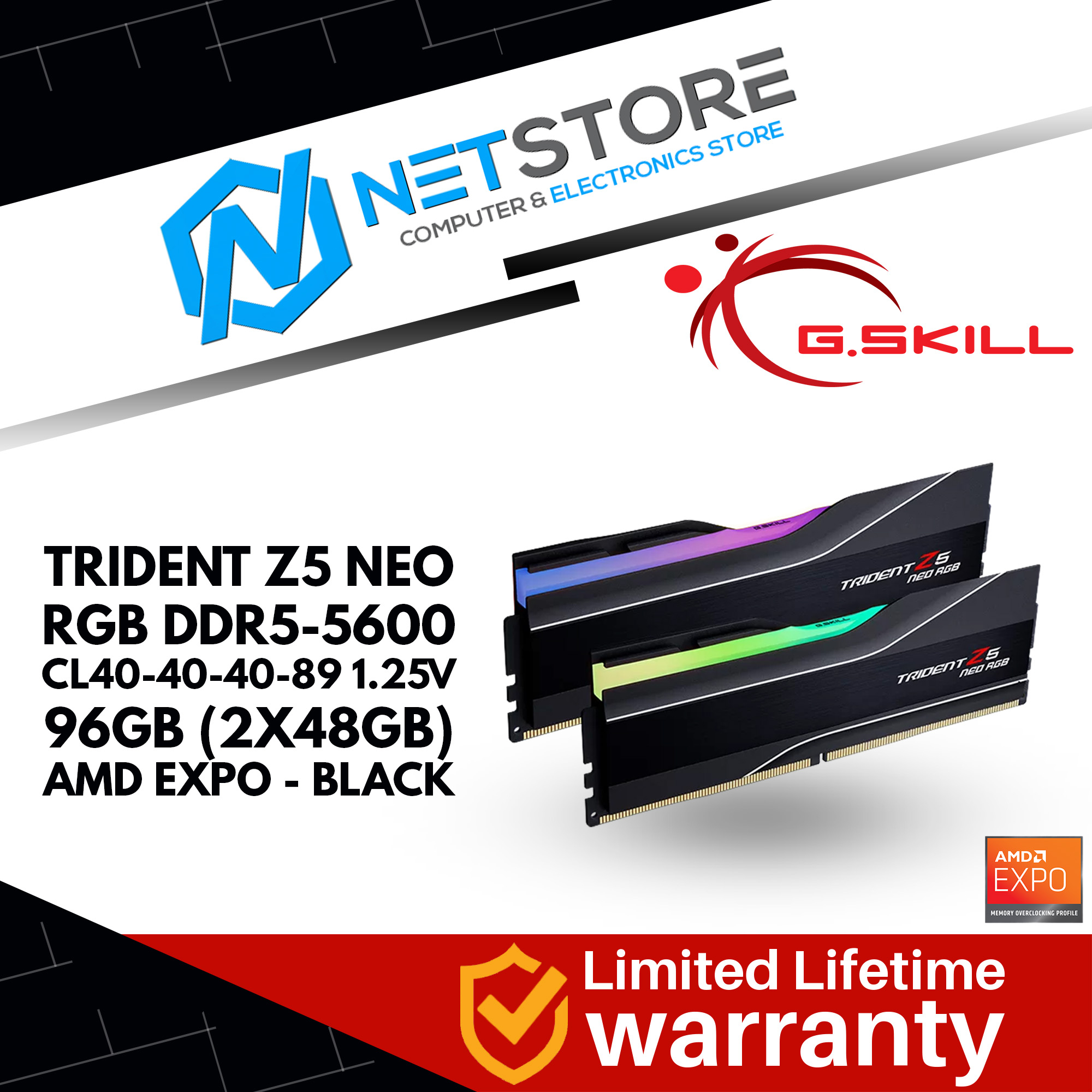 G.SKILL TRIDENT Z5 NEO RGB DDR5-5600 CL40-40-40-89 1.25V 96GB (2x48GB) AMD EXPO - BLACK - F5-5600J40