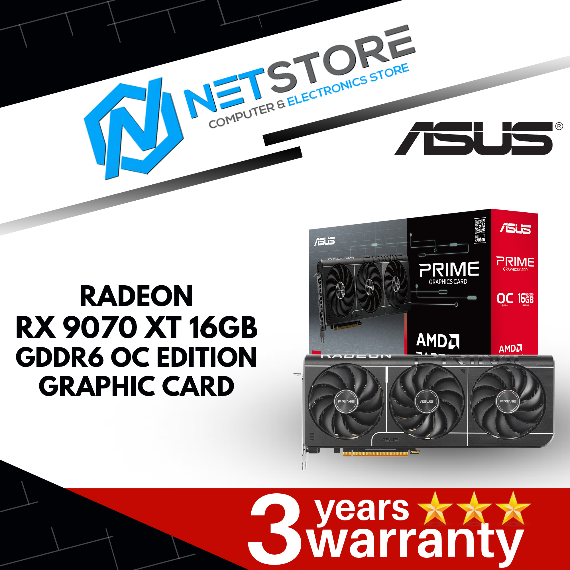 ASUS PRIME RADEON RX9070XT 16GB GDDR6 OC EDITION GRAPHICS CARD - 90YV0L71-M0NA00