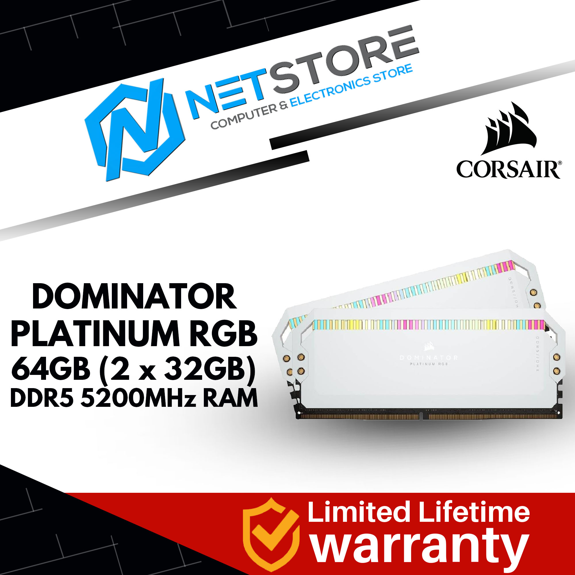 CORSAIR DOMINATOR PLATINUM RGB 64GB (2 x 32GB) DDR5 5200MHz RAM - CMT64GX5M2B5200C40W