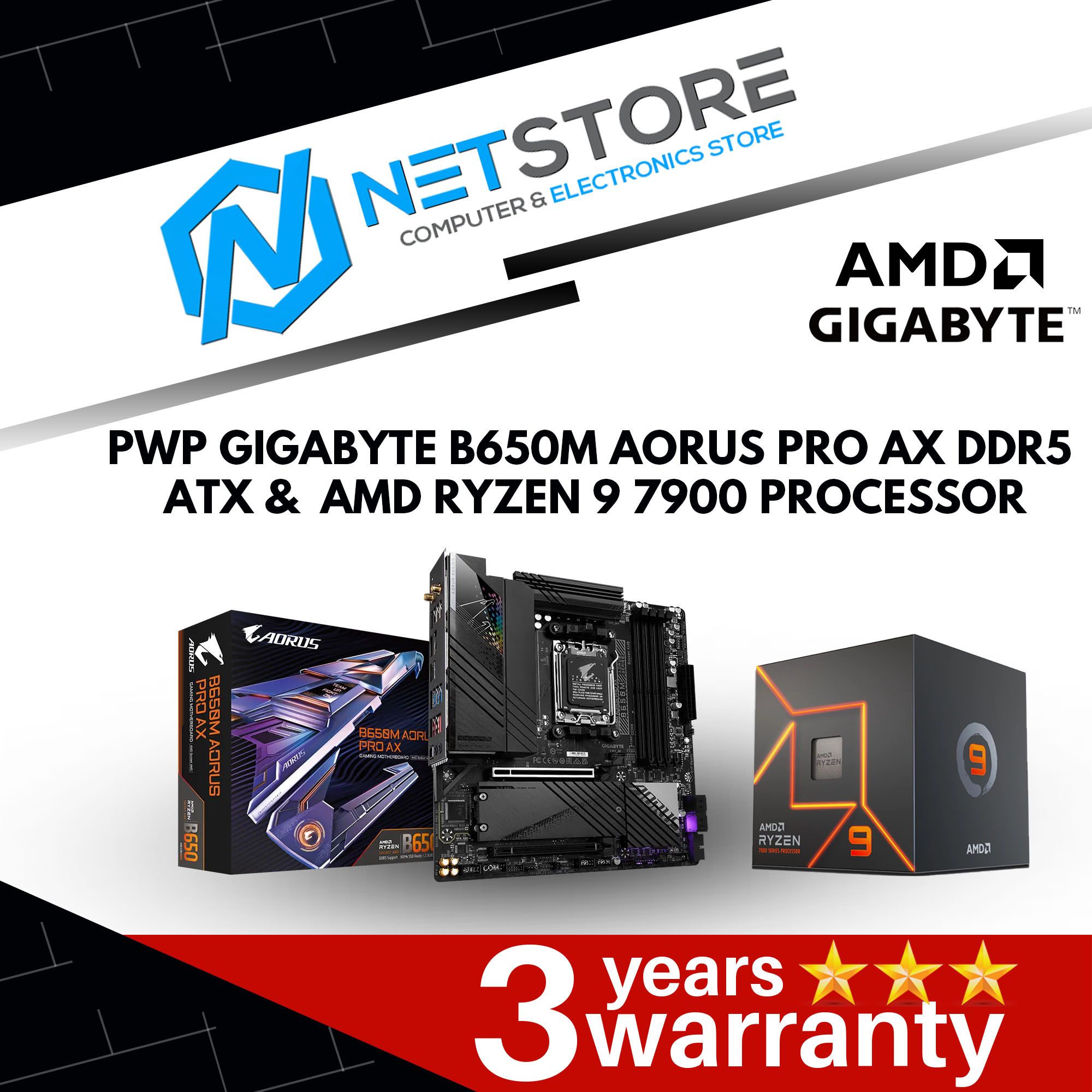 PWP GIGABYTE B650M AORUS PRO AX DDR5 ATX & AMD RYZEN 9 7900 PROCESSOR