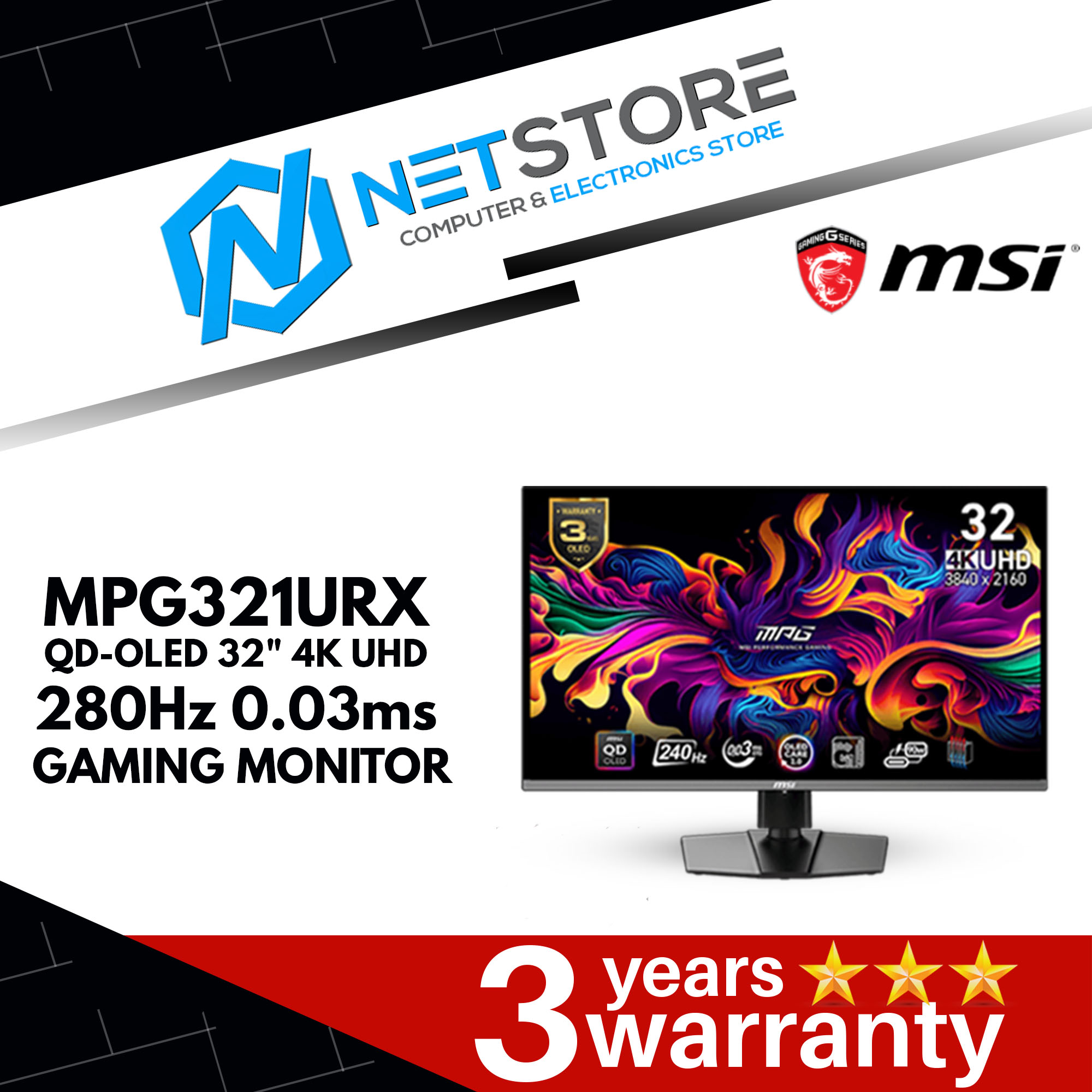 MSI MPG321URX QD-OLED 32" 4K UHD 0.03ms, 240Hz True Black  Gaming Monitor - 9S6-3DD29A-011