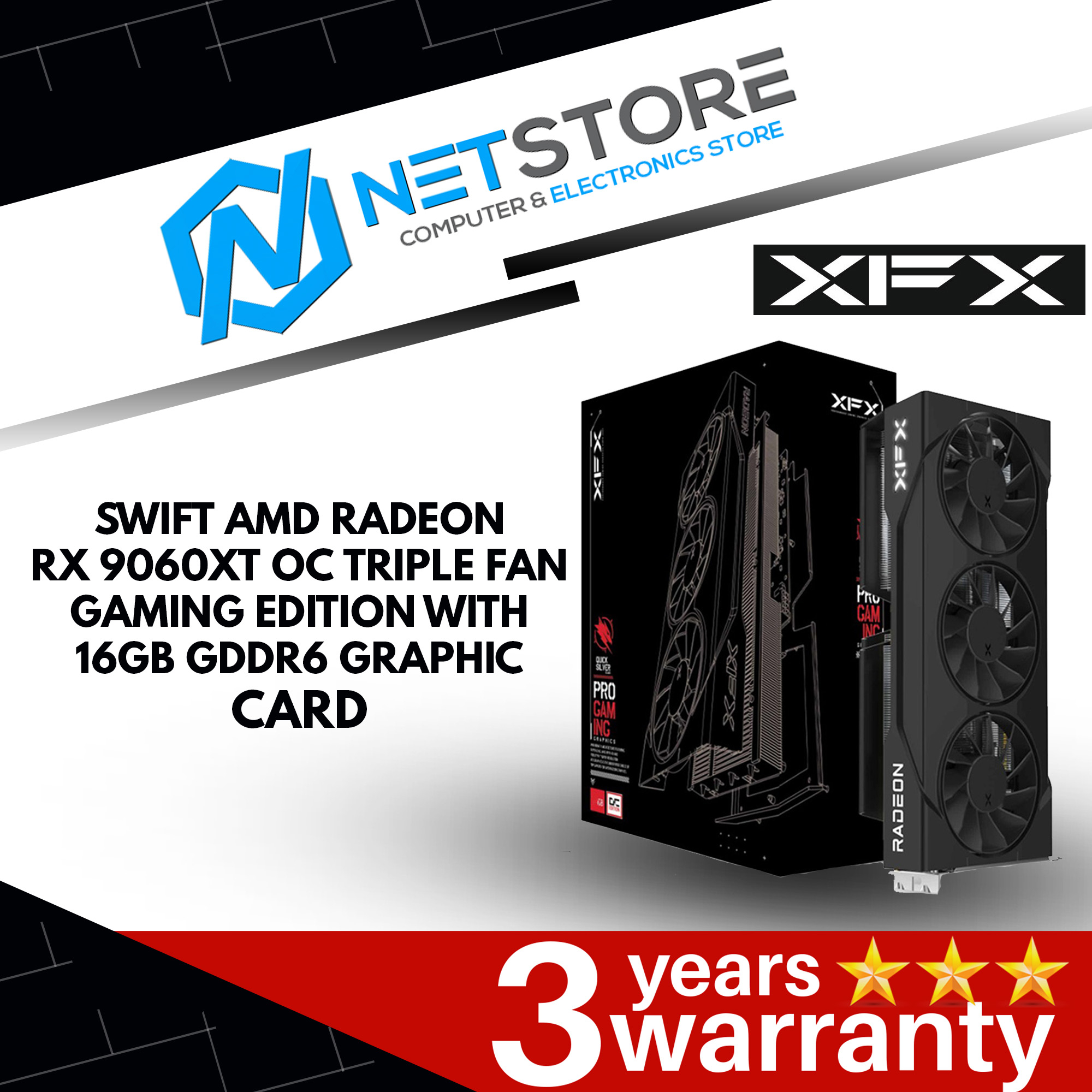 XFX SWIFT AMD RADEON RX 9060XT OC TRIPLE FAN GAMING EDITION WITH 16GB GDDR6 GRAPHIC CARD - RX-96TS31