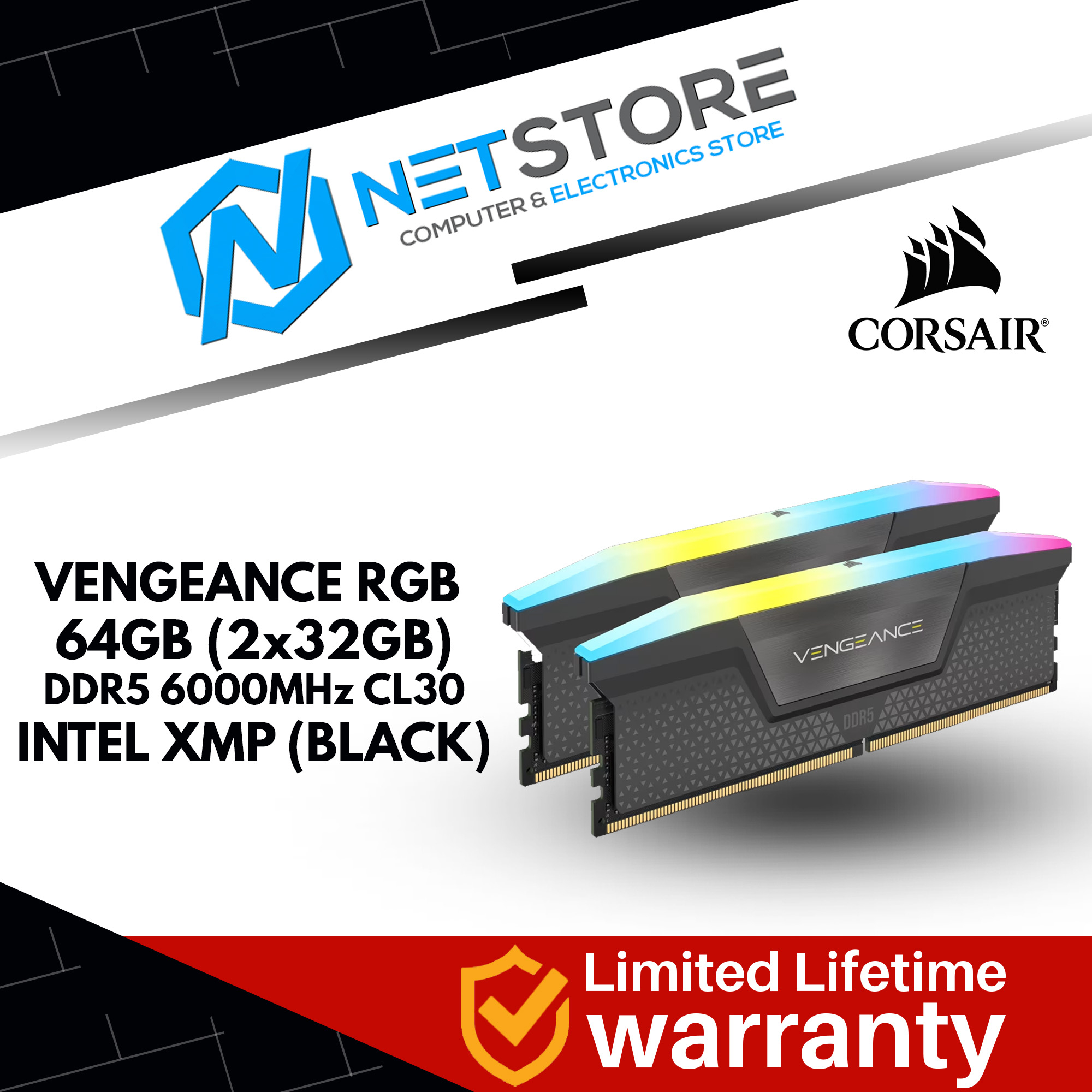 CORSAIR VENGEANCE RGB 64GB KIT (32x2GB) DDR5-6000MHz CL30 1.40V INTEL XMP MEMORY RAM  - CMH64GX5M2B6