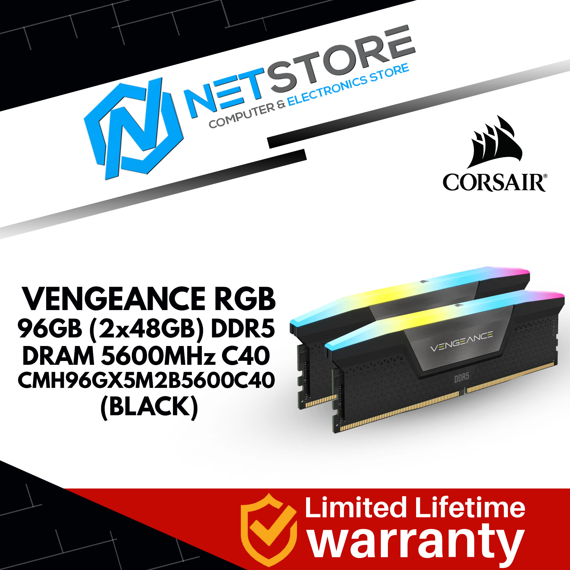 CORSAIR VENGEANCE RGB 96GB (2x48GB) DDR5 DRAM 5600MHz C40 MEMORY KIT - BLACK - CMH96GX5M2B5600C40