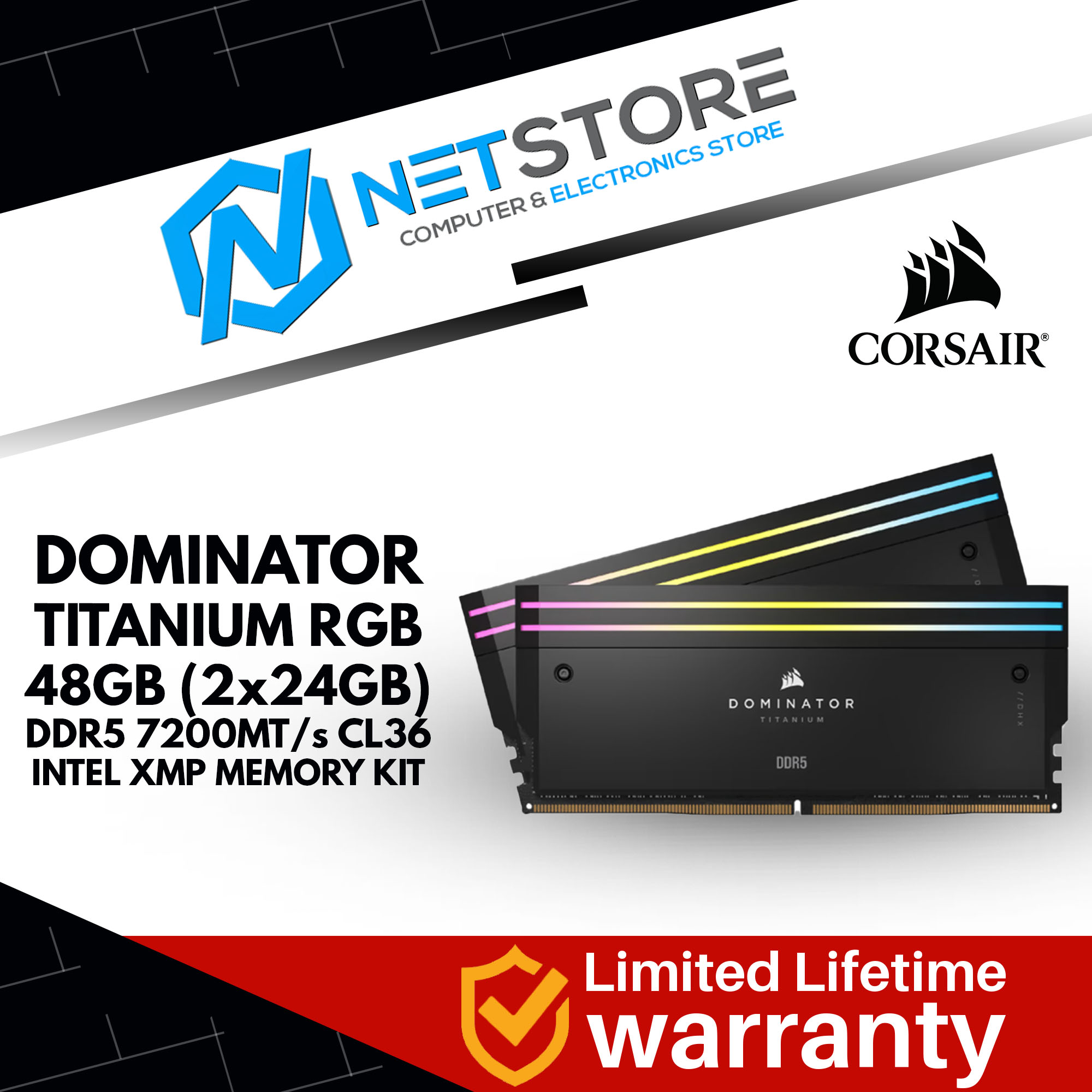 CORSAIR DOMINATOR TITANIUM RGB 48GB (2x24GB) DDR5 7200MT/s CL36 INTEL XMP MEMORY KIT - CMP48GX5M2X72