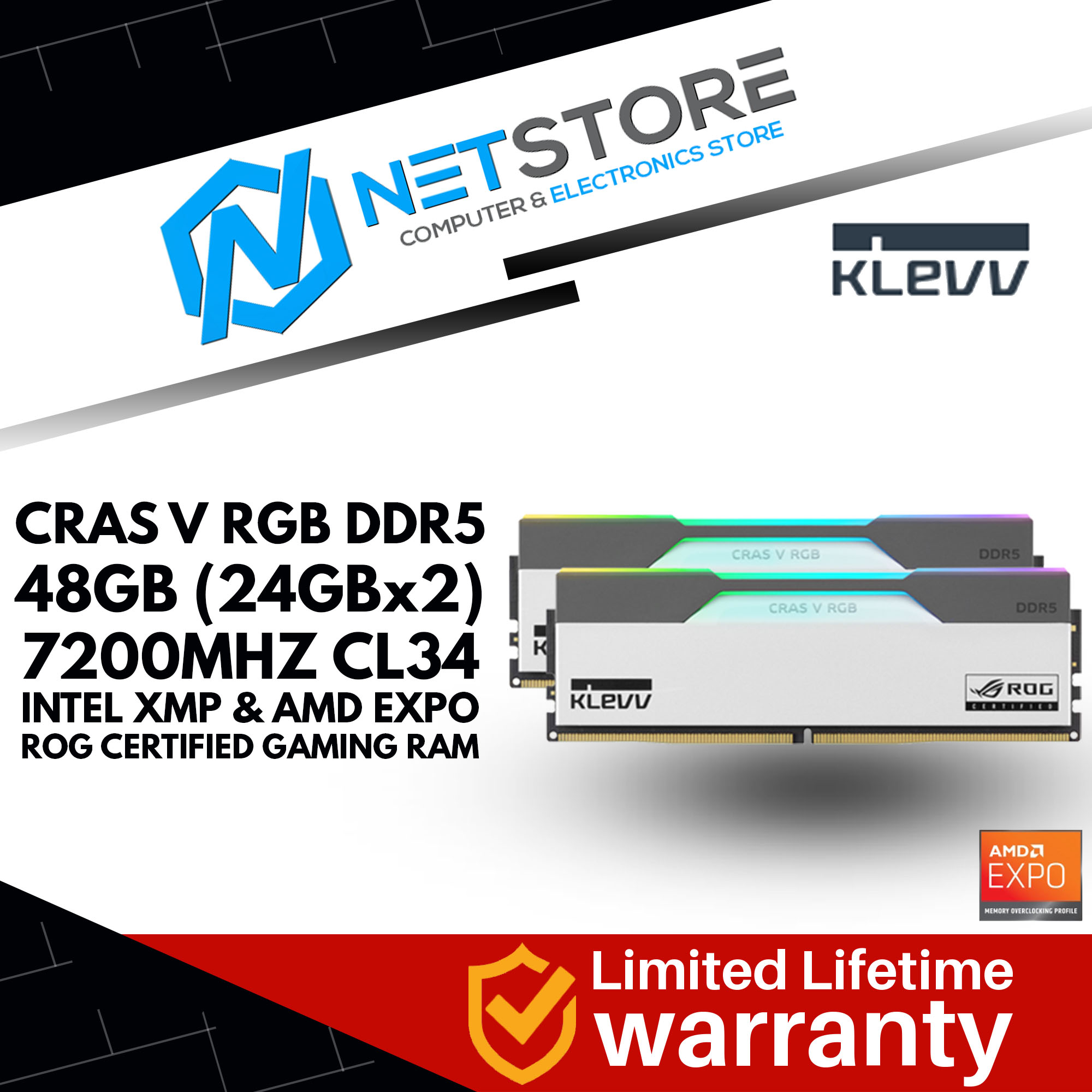 KLEVV CRAS V RGB DDR5 48GB (24GBx2) 7200MHZ CL34 INTEL XMP & AMD EXPO GAMING RAM - KD5KGUD80-62B320P