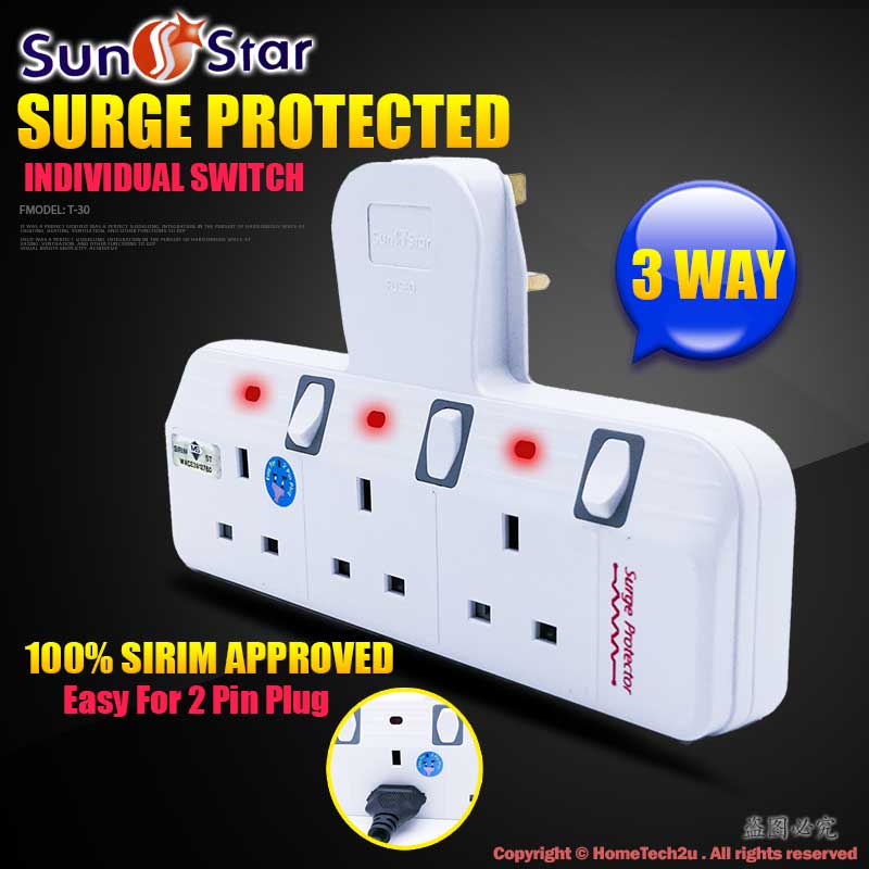 Sunstar extension plug Extantion Wall adaport Extension Wire Switch Socket With Surge Protected (Sir