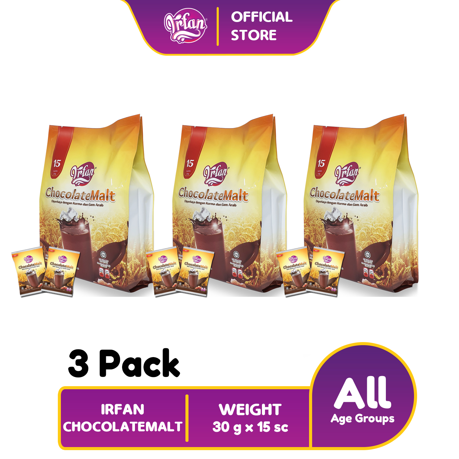 [3 PACK] IRFAN CHOCOLATE MALT (SACHET) / KURMA ARABIC GUM / MINUMAN KOKO KURMA / MINUMAN KOKO LAZAT