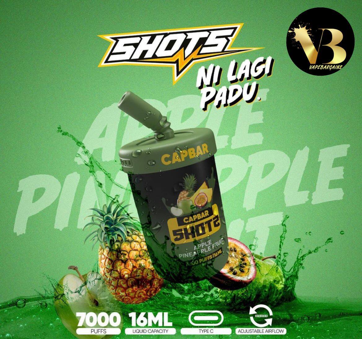   CAPBAR SHOTS DISPOSABLE POD 7000 PUFFS TYPE-C RECHARGABLE *READY STOCK* Capbar 7000 [vapebargains]