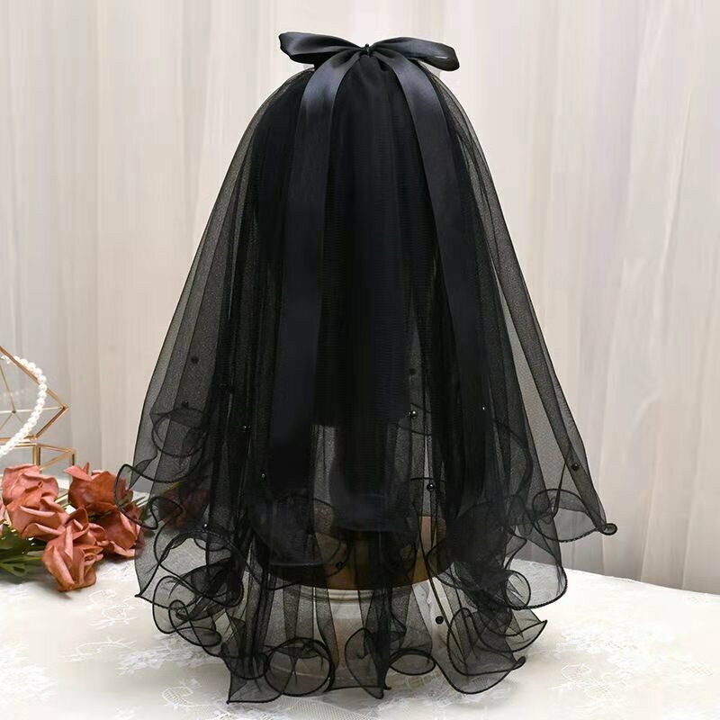 Bride's Black Headdress Halloween COS Photo Modeling Black Embroidered Lace 1.5/3m Headdress Accesso