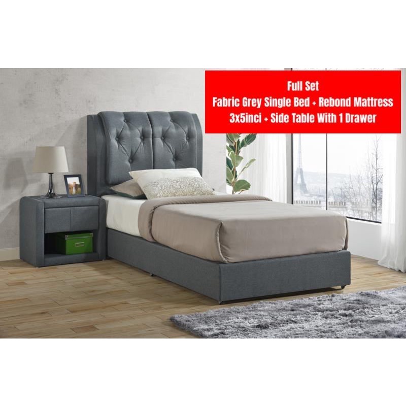 Ready Stock ️EWJ 210601+1001 /3ft Single Bed /Side Table /Fabric Grey