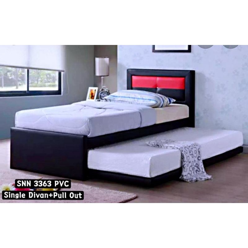 Ready Stock EWJ 3363 Single Divan Bed+Pull Out Bed(PVC Brown)