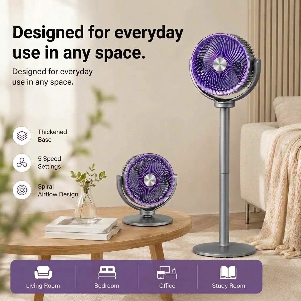 F1/F2 BIG Circulation Fan USB Rechargeable Adjustable Height Auto Shaking Head Stand Fan for Home & 