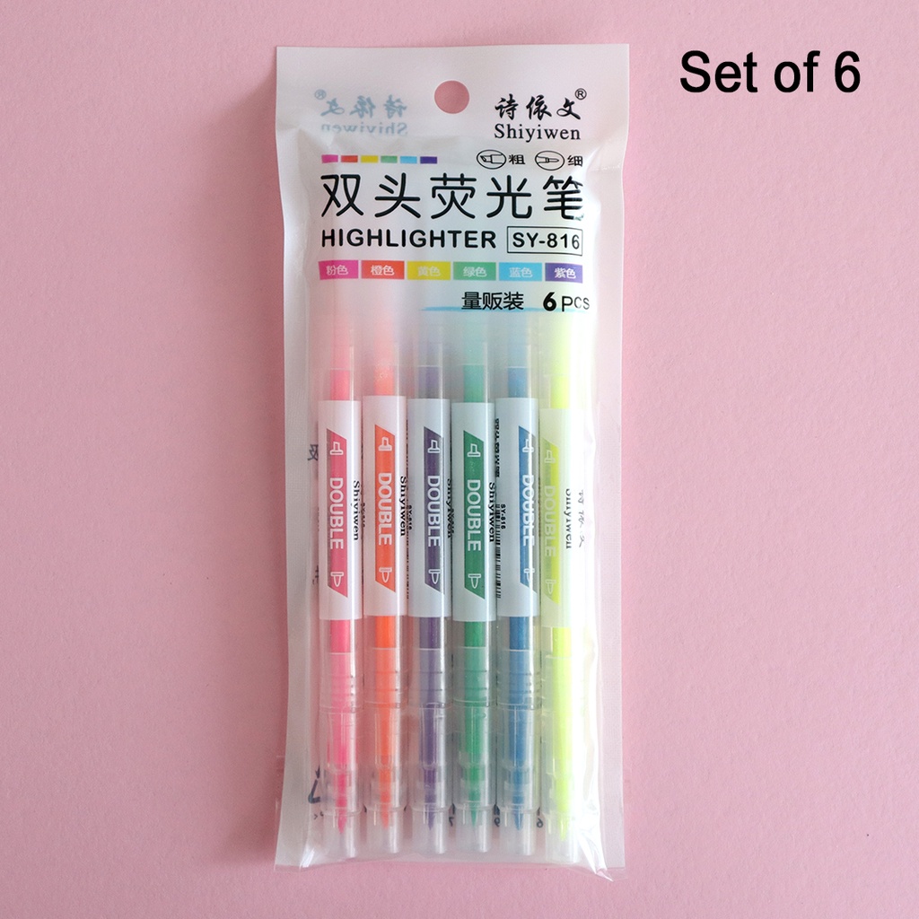 VC Art Twin Head Highlighter Set of 3/6 with Round Tip & Chisel Capsule Highlight 6's Colors School 