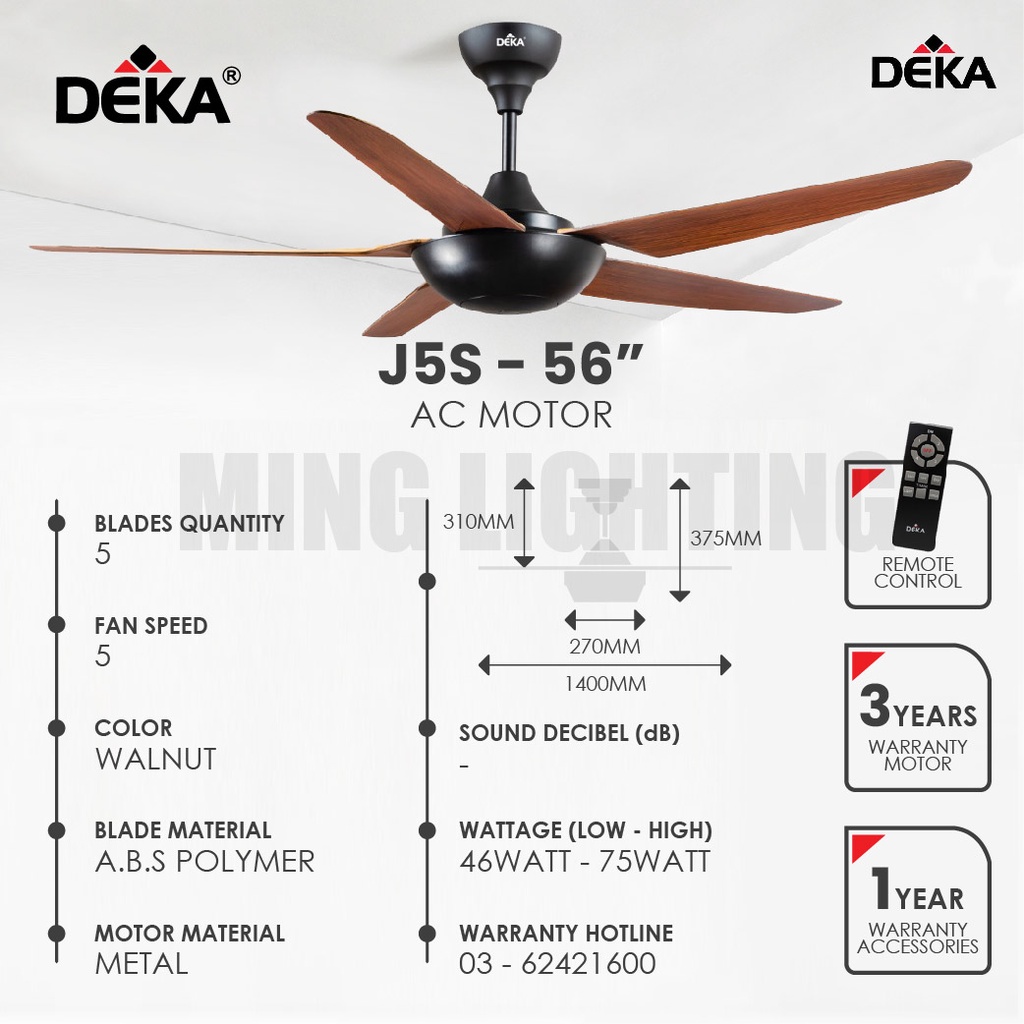 MS_ SIRIM DEKA J5S Ceiling Fan 5 Blades Remote Control 56" Fans AC Motor ABS Blade Kipas Siling Syil