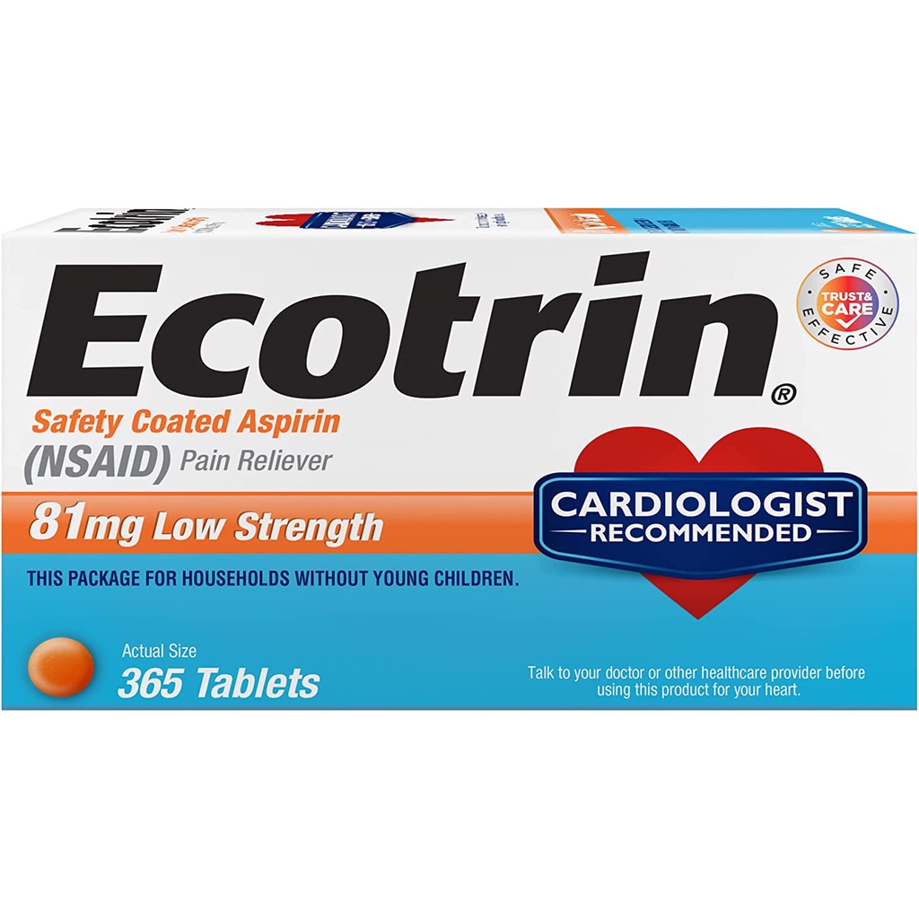 Ecotrin Low Strength Aspirin , #1 Cardiologist Recommended, 81mg Low Strength, 365 Safety Coated Tab