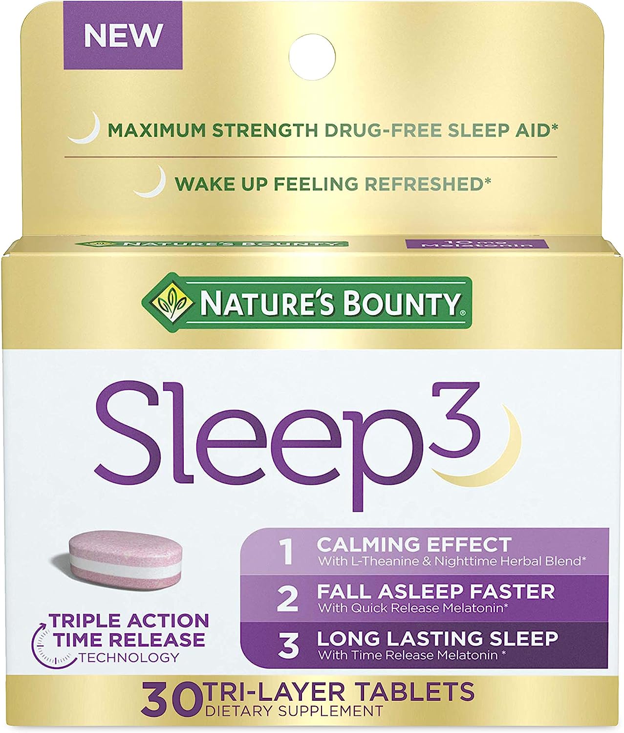 Nature's Bounty Melatonin, Sleep3 Maximum Strength 100% Drug Free Sleep Aid, Dietary Supplement, L-T