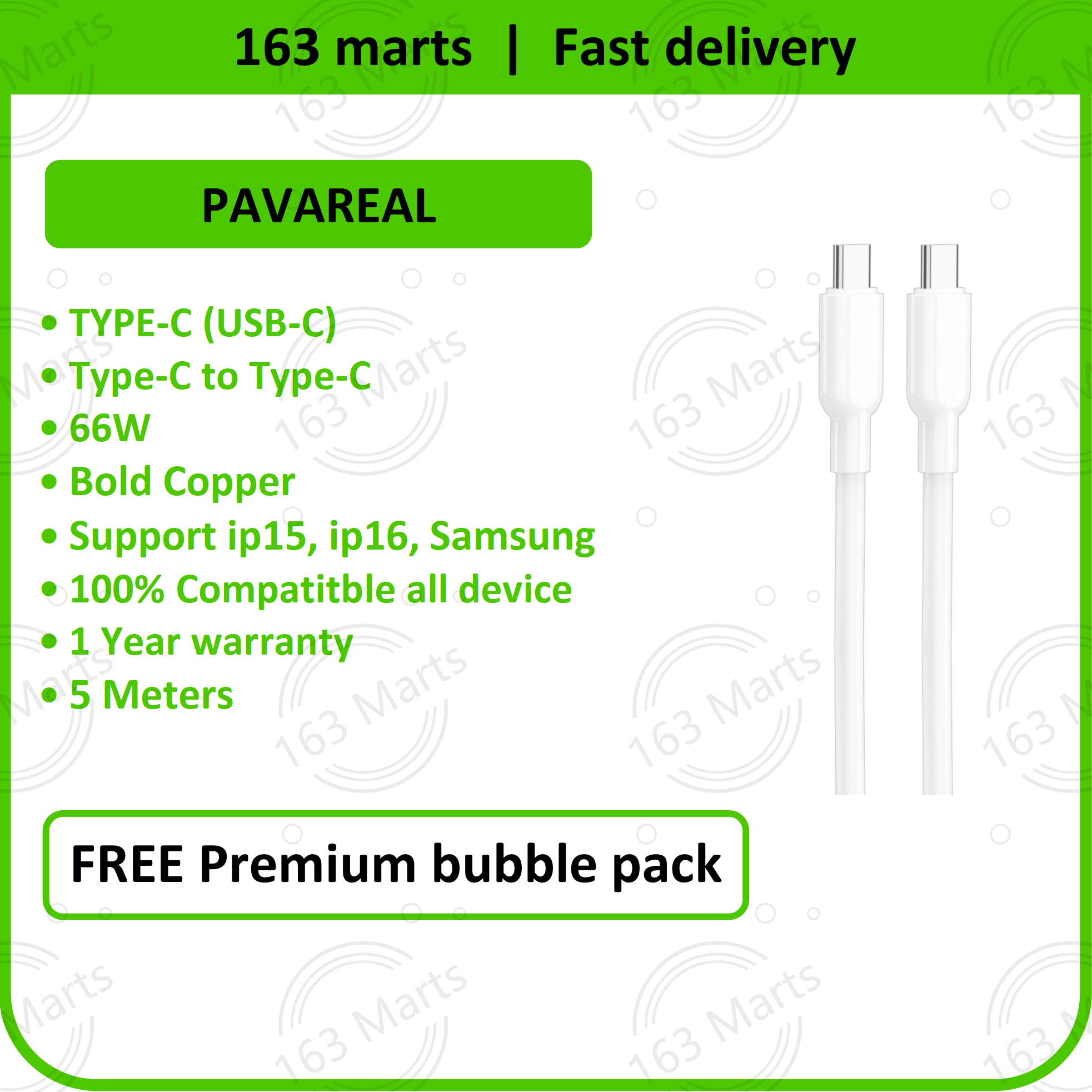 PAVAREAL Cable Type C to Type C 66W Fast Charging data dual USB C cas wayar charge kabel telefon  ho