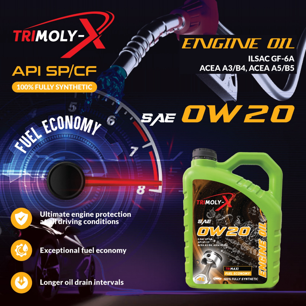 TRIMOLY-X TRIMOLYX 0W20 FULLY SYNTHETIC ENGINE OIL SP/CF 4L Car Lubricant Minyak Hitam Minyak Enjin 