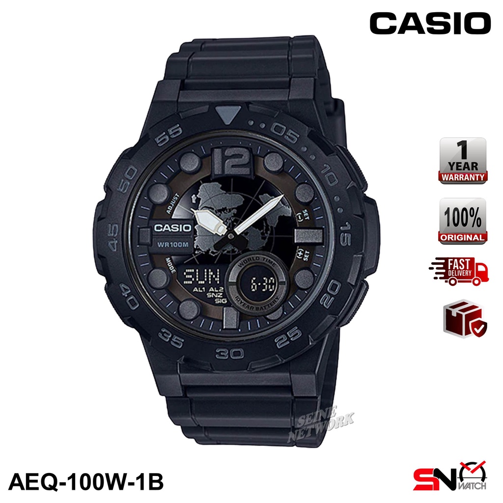 Casio AEQ-100BW AEQ-100W 10 Year Battery Life Dual Time Resin Band Men Sports Watch Jam Tangan Lelak