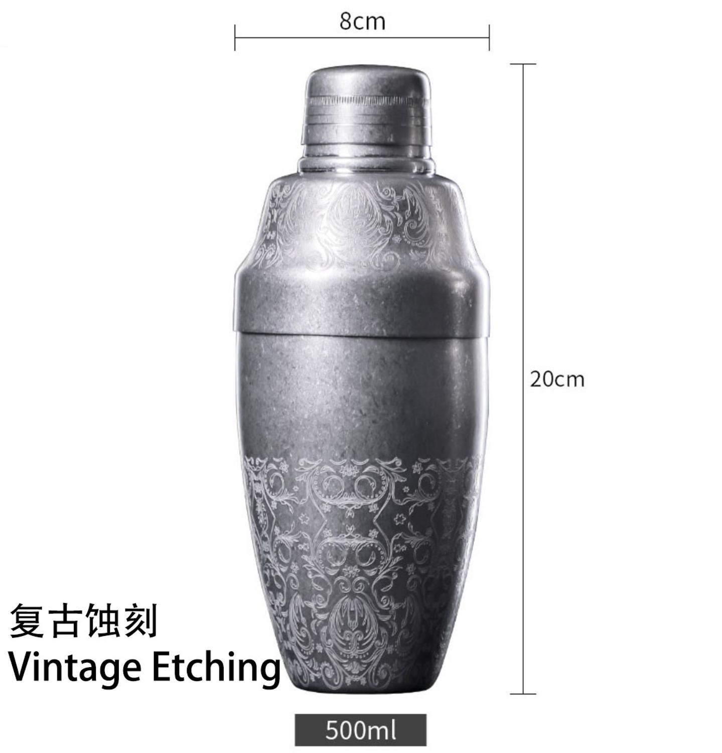 Japanese Style 500ml Stainless Steel 3-Piece Etching Cocktail Shaker Bar Shaker Cobbler Shaker Bar T