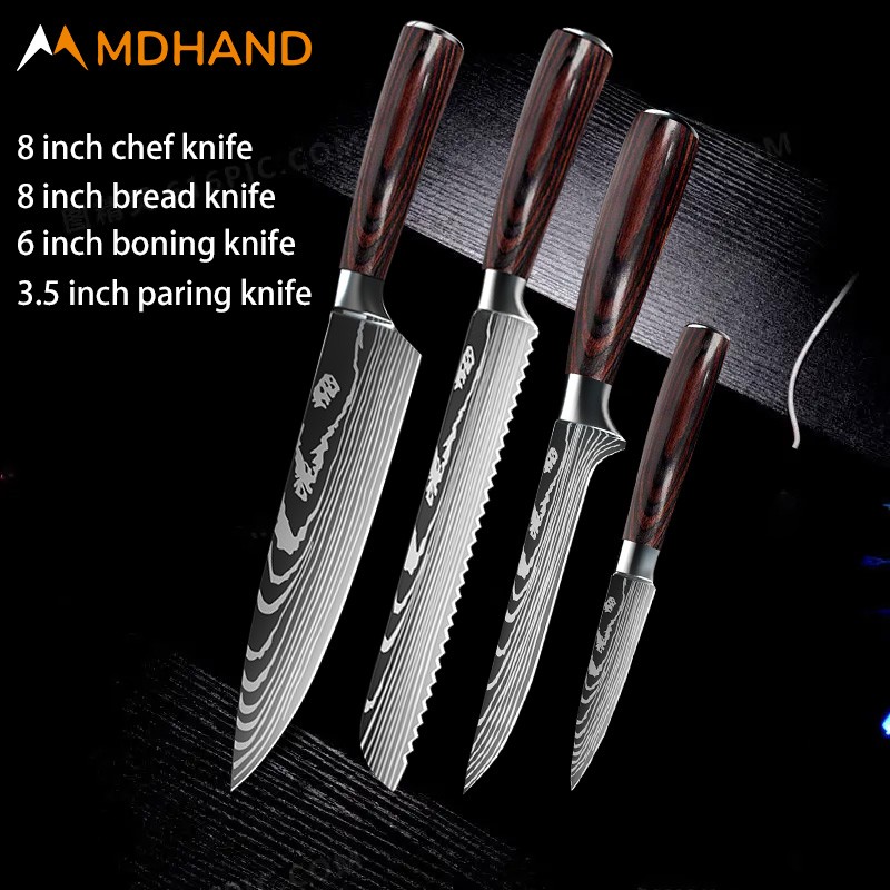 Chef knife Set 7CR17MOV Stainless Steel Laser Damascus Pattern Sharp Japanese Kitchen Cleaver Utilit