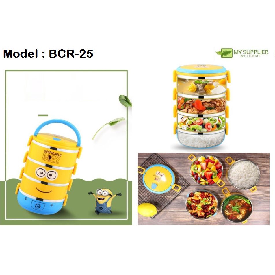 Four Layer Minion Stainless Steel Lunch Box Bekas Makanan Kanak-Kanak L16*W14.5*H25cm