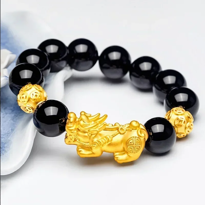 Gold 999 Pixiu bracelet AU750 for men and women 3D hard gold transfer beads obsidian 18K gift for da
