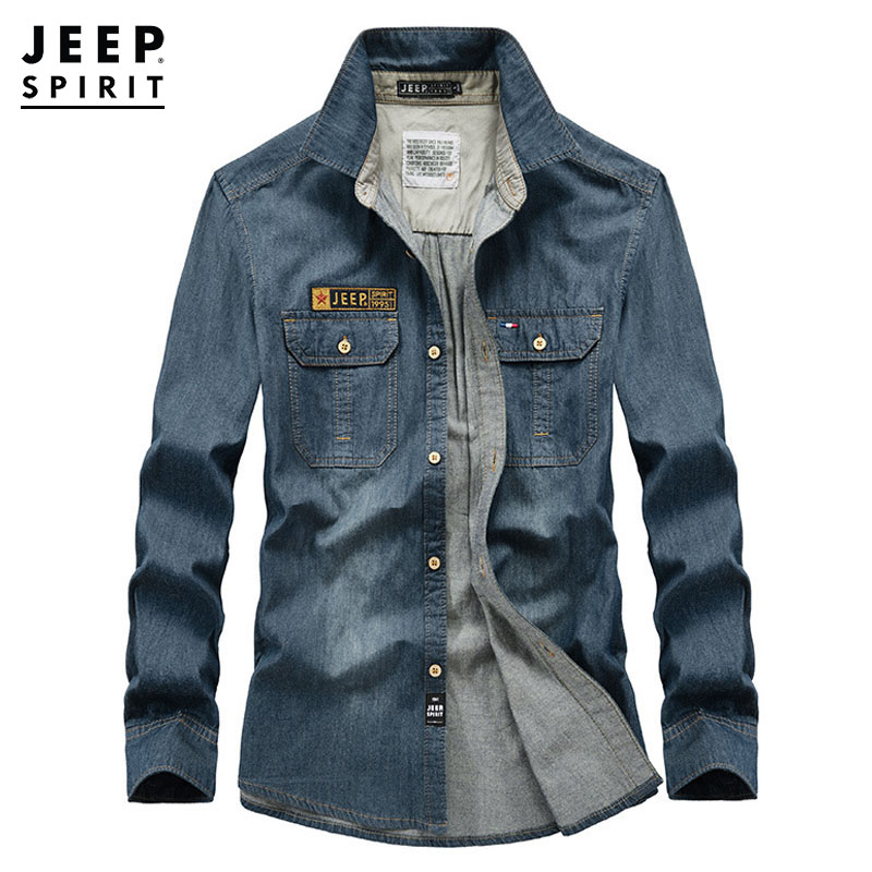 JEEP SPIRIT Men Long Sleeve Denim Shirt Baju Kemeja Jeans Lelaki Lengan Panjang Retro Shirt 长袖牛仔襯衫男