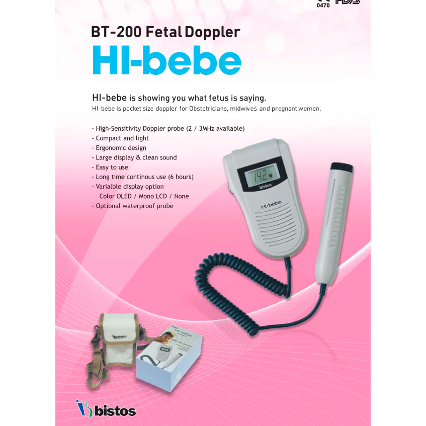 Bistos Hi-Bebe® Mono LCD Display Fetal Doppler w/3Mhz OB Probe, BT-200T