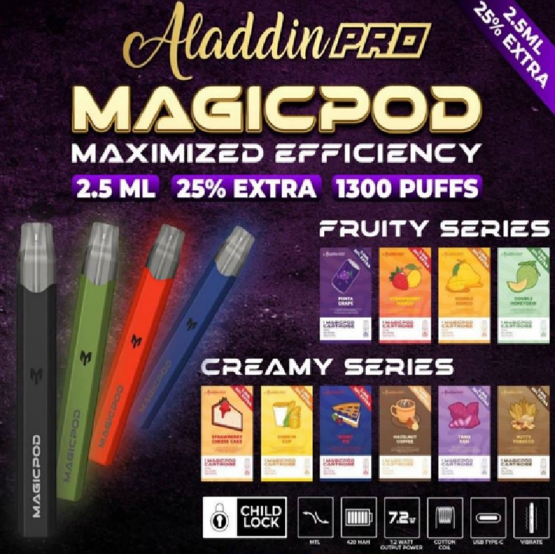 ALADDIN PRO MAGICPOD CLOSE POD ( Buy 2 Box 4Pcs Flavour Cartridge Free 1pcs Device )